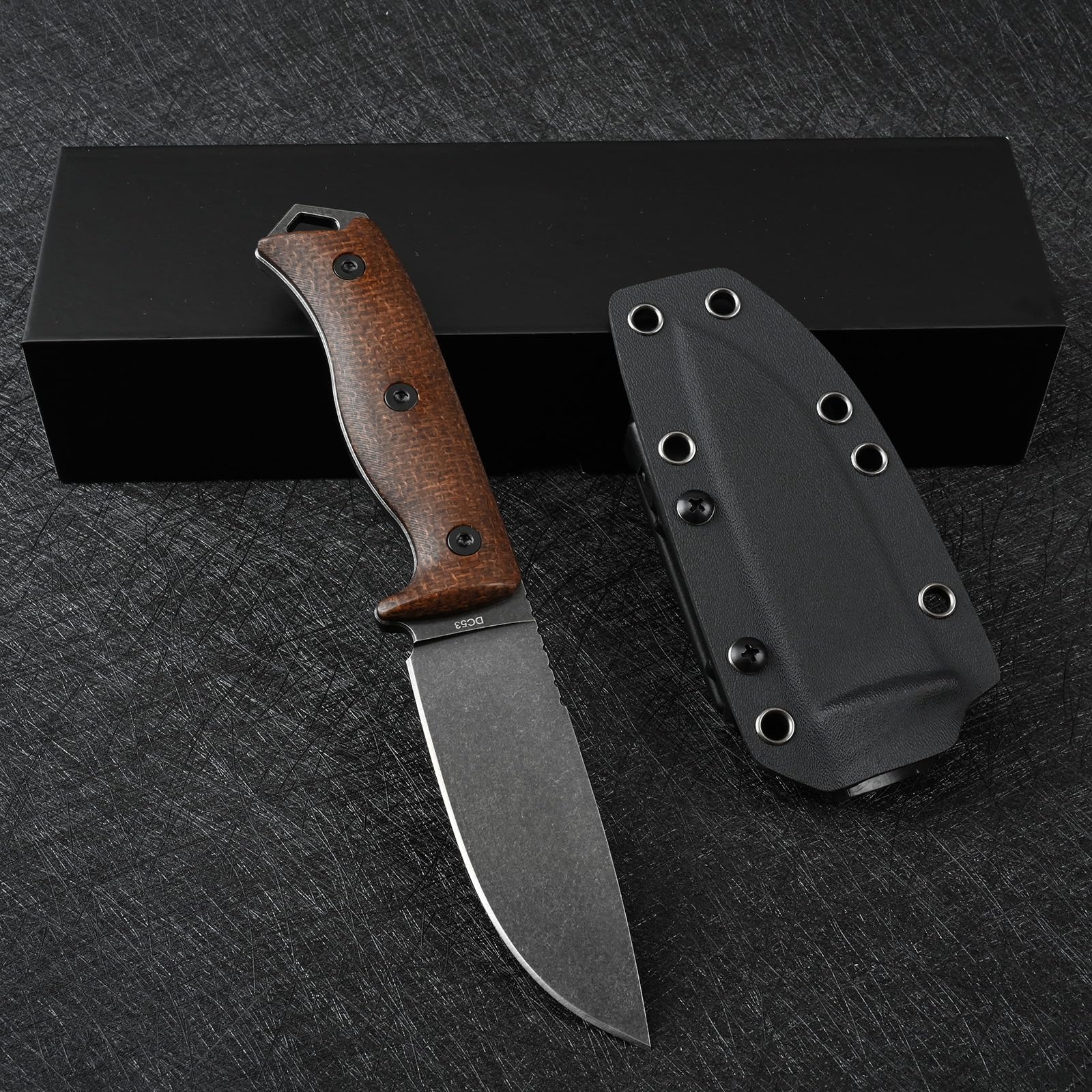 DC53 Stahl messer Feststehende Klinge Micarta Griff mit Kydex Scheide für Männer EDC Camping Survival Outdoor (Black Stone Wash)