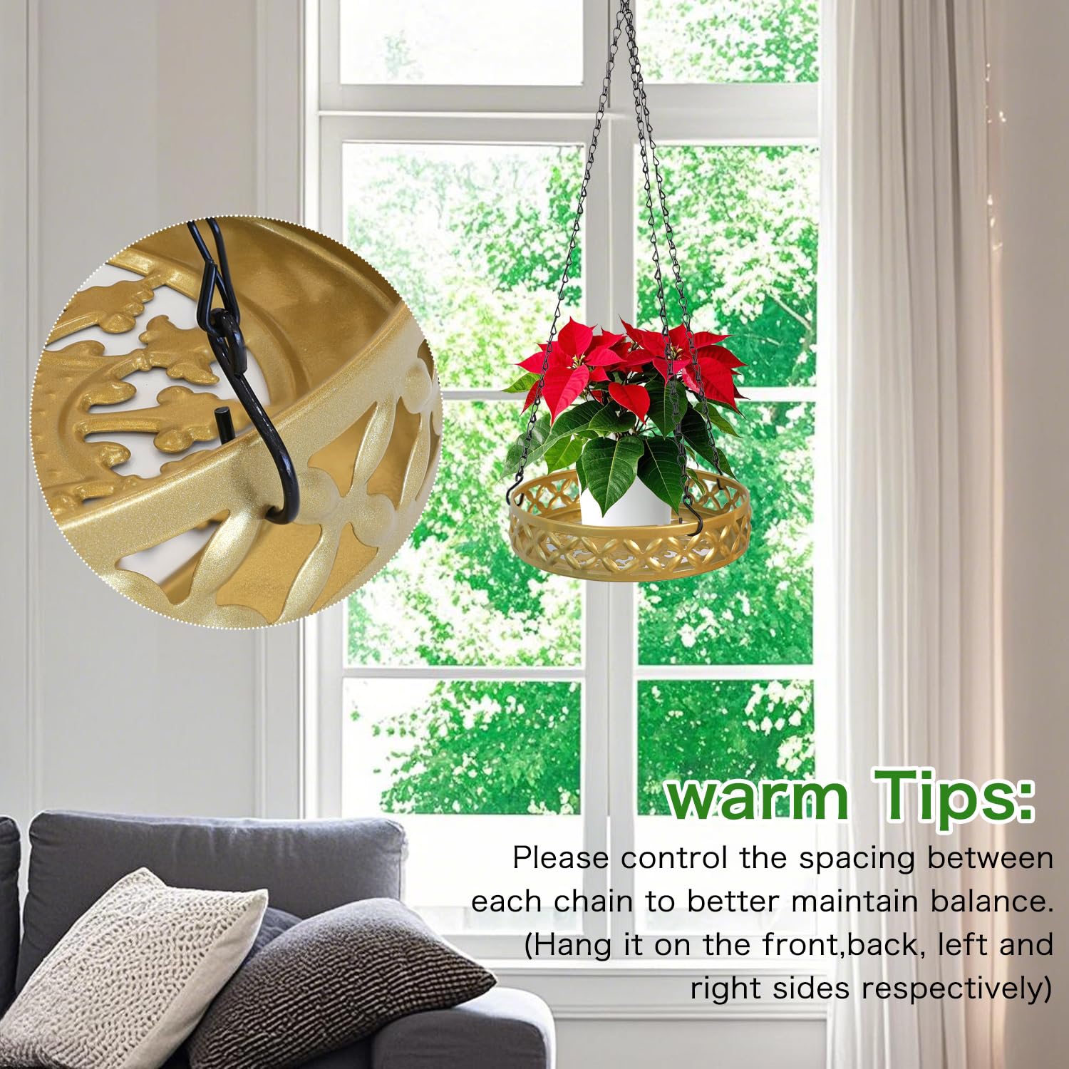 Lot de 3 suspensions en métal pour Plantes Modernes - Noir - Chaîne de Suspension pour Balcon, Porche, intérieur et extérieur