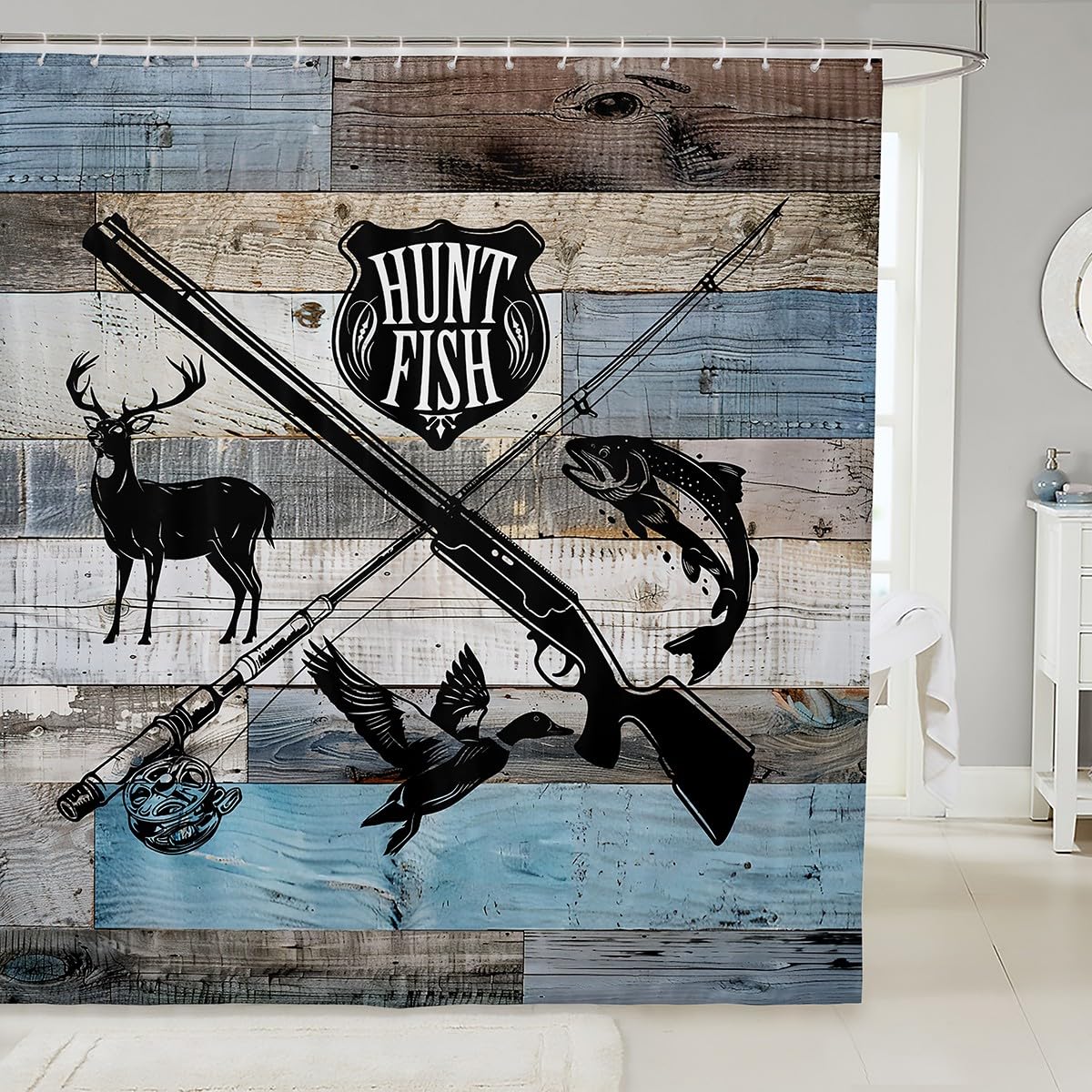 Castle Fairy Hunt Fish Bath Curtain,Deer Bird Fish Animal Hunting Bathroom Shower Curtain for Kids Boys,Rustic Retro Wooden Board Waterproof Fabric