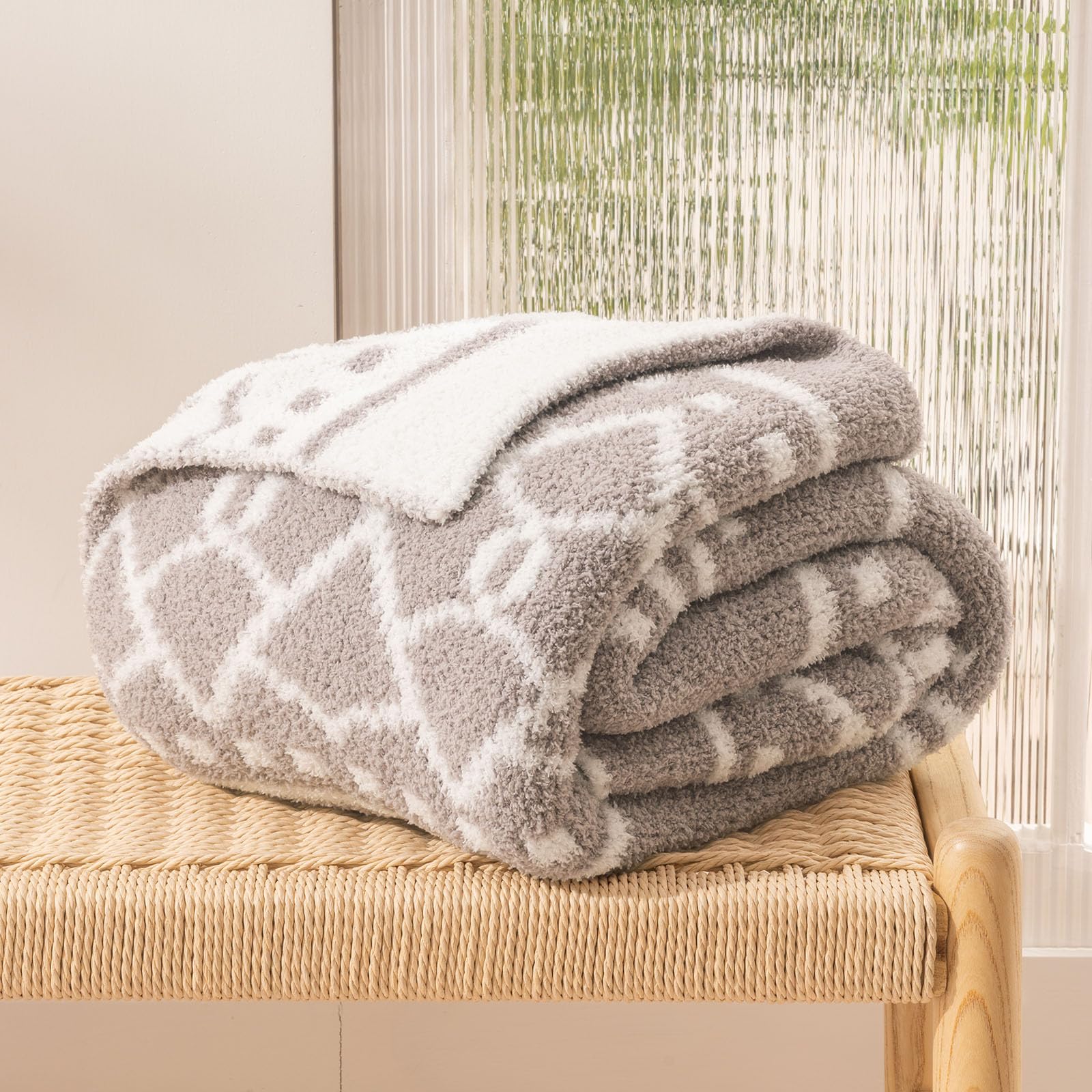 EVERGRACE Boho Knit Throw Blanket for Couch, Super Soft Cozy Lightweight Fluffy Reversible Chenille Knitted Blanket and Throws for Bed, Sofa, Chair, Taupe, 50x60 inches