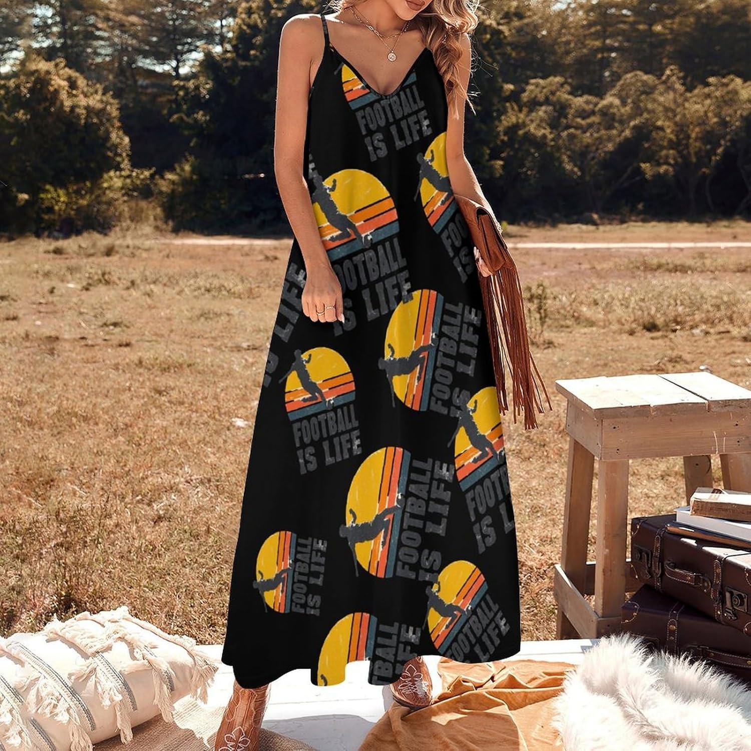 Soccer Is Life Maxi Dresses for Women V Neck Long Dress Sundress Spaghetti Straps Beach Dress