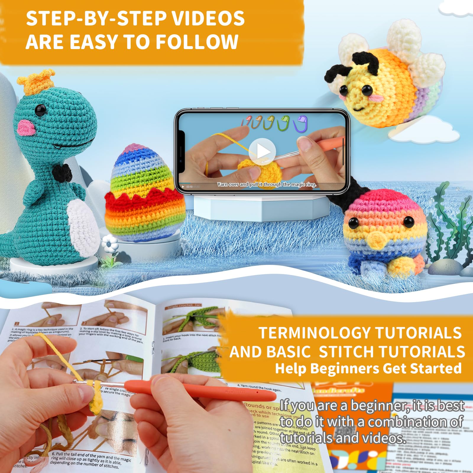 ApaLux Crochet Kit for Beginners Kids Adults, 4 Different Beginner Crochet Animal Kit, Crochet Kits for Starters with Step-by-Step Video Tutorials and Anyting You Need, Gift for Kids Women Men