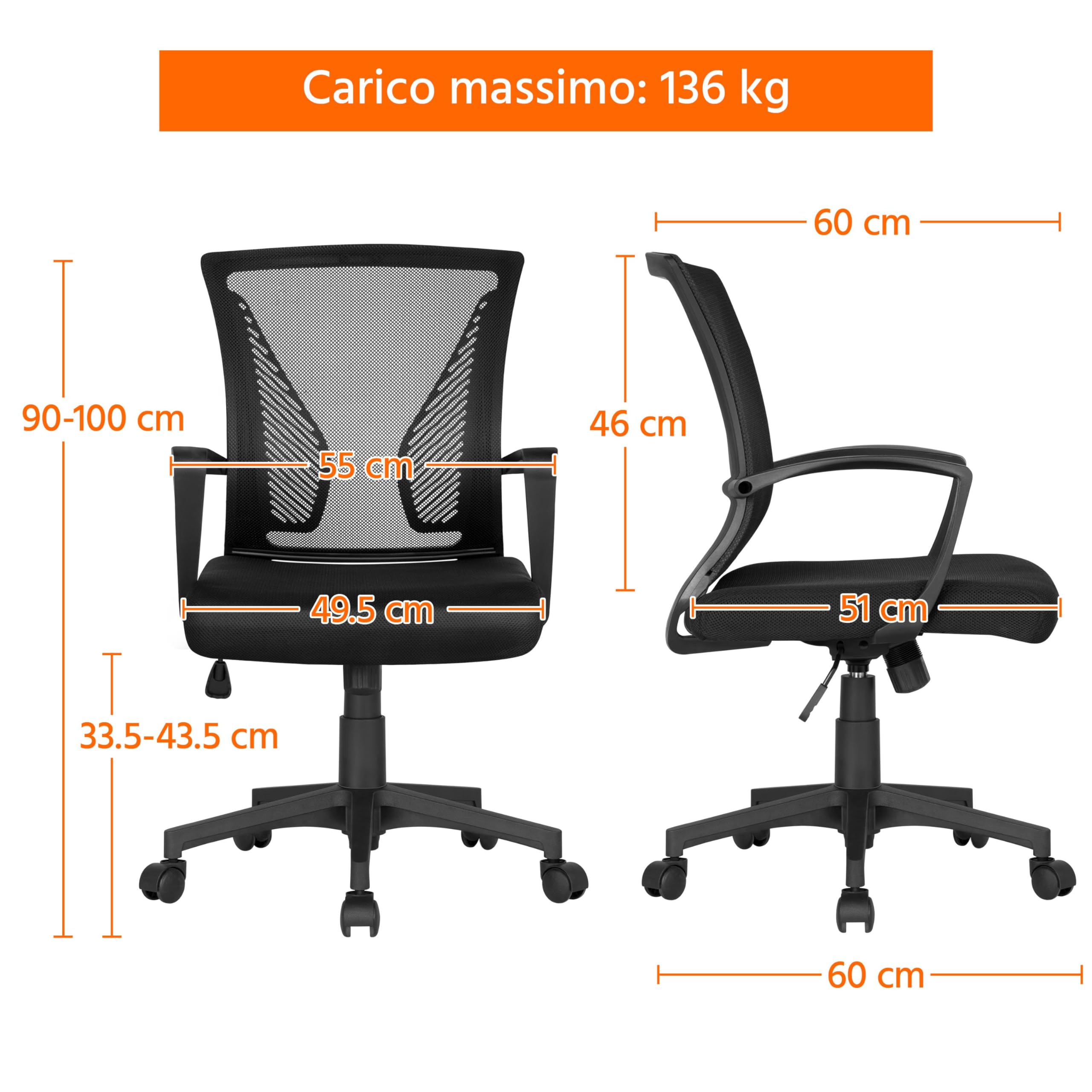 Sedia Ufficio, Sedie Scrivania Ergonomica Con Braccioli e Rotelle Girevoli, Poltrona Ufficio in Rete Traspirante con Supporto Lombare e Altezza Regolabile Nero