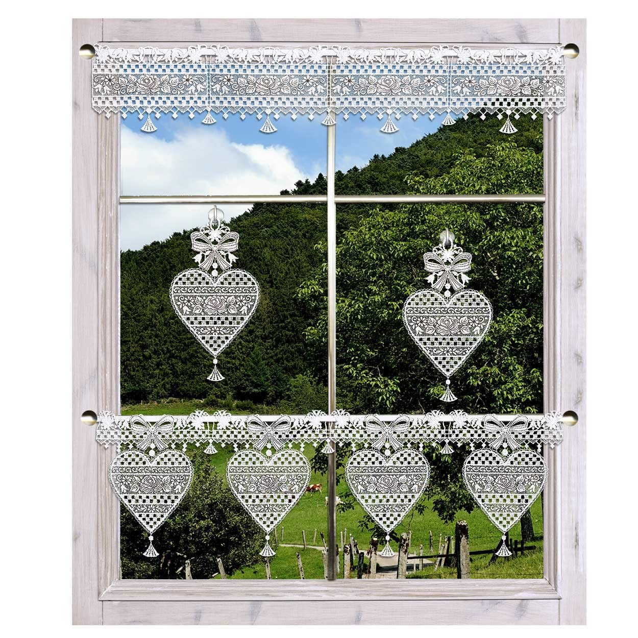 Feenhaus-Scheibenhänger Herz Annemarie Plauener Spitze in weiß-braun rustikale Kurzgardine mit Blüten im Landhaus-Stil 23 x 74 cm