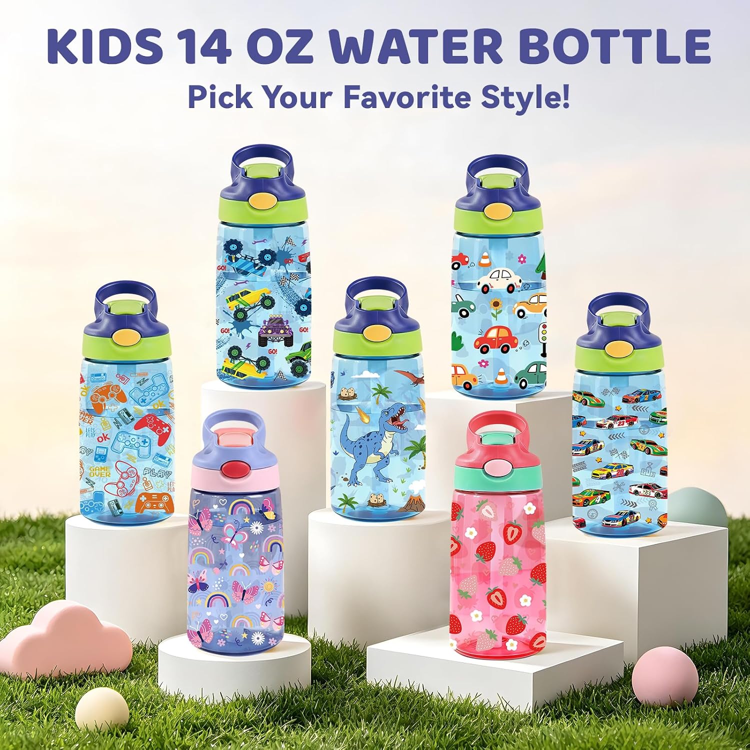 Strawberry 14oz Kids Water Bottle Straw