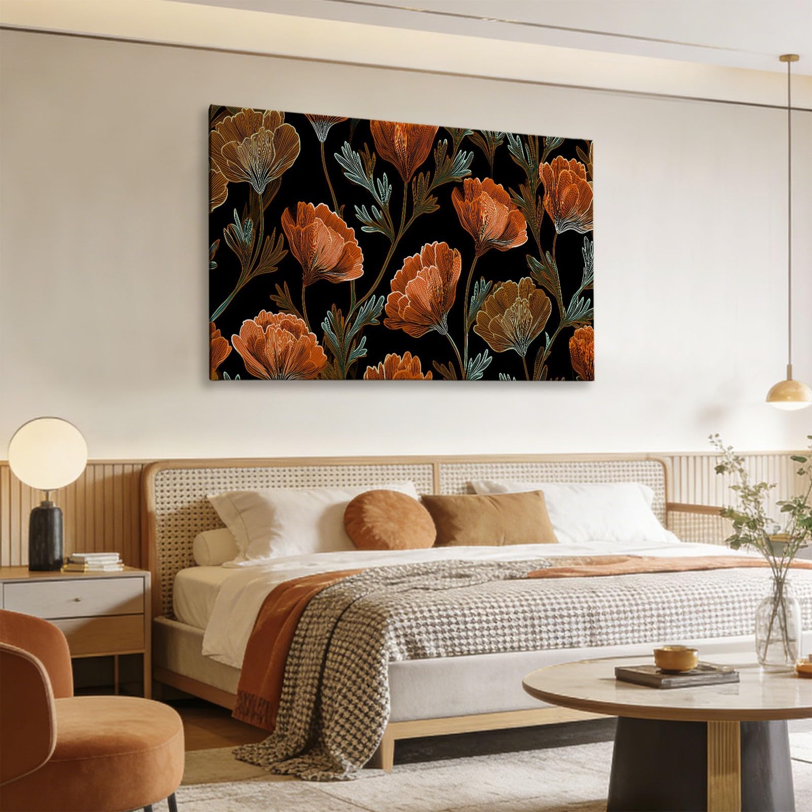 Vintage Pastoral Blumen Orange Wildblumen Modernes Leinwandbild 140L x 70B cm mit Rahmen, Landhausstil XXL Wanddeko für Wohnzimmer Geschenk Idee Einzug - Hochwertiger Kunstdruck auf Holzrahmen