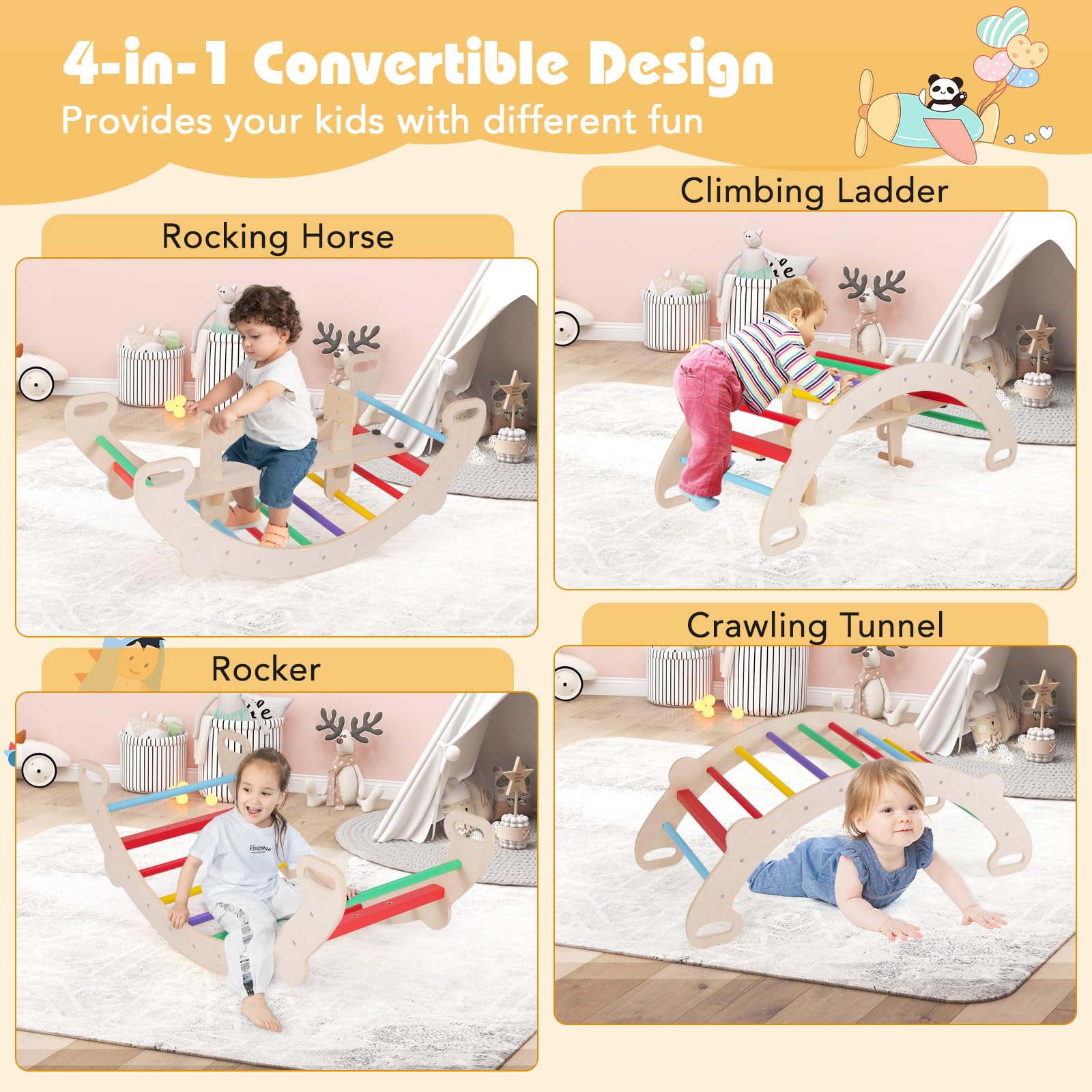 HONEY JOY Arche d'escalade à bascule en bois, 4 en 1 Montessori pour enfants, échelle HONEY JOY Arche d'escalade à bascule en bois, 4 en 1 Montessori pour enfants, échelle