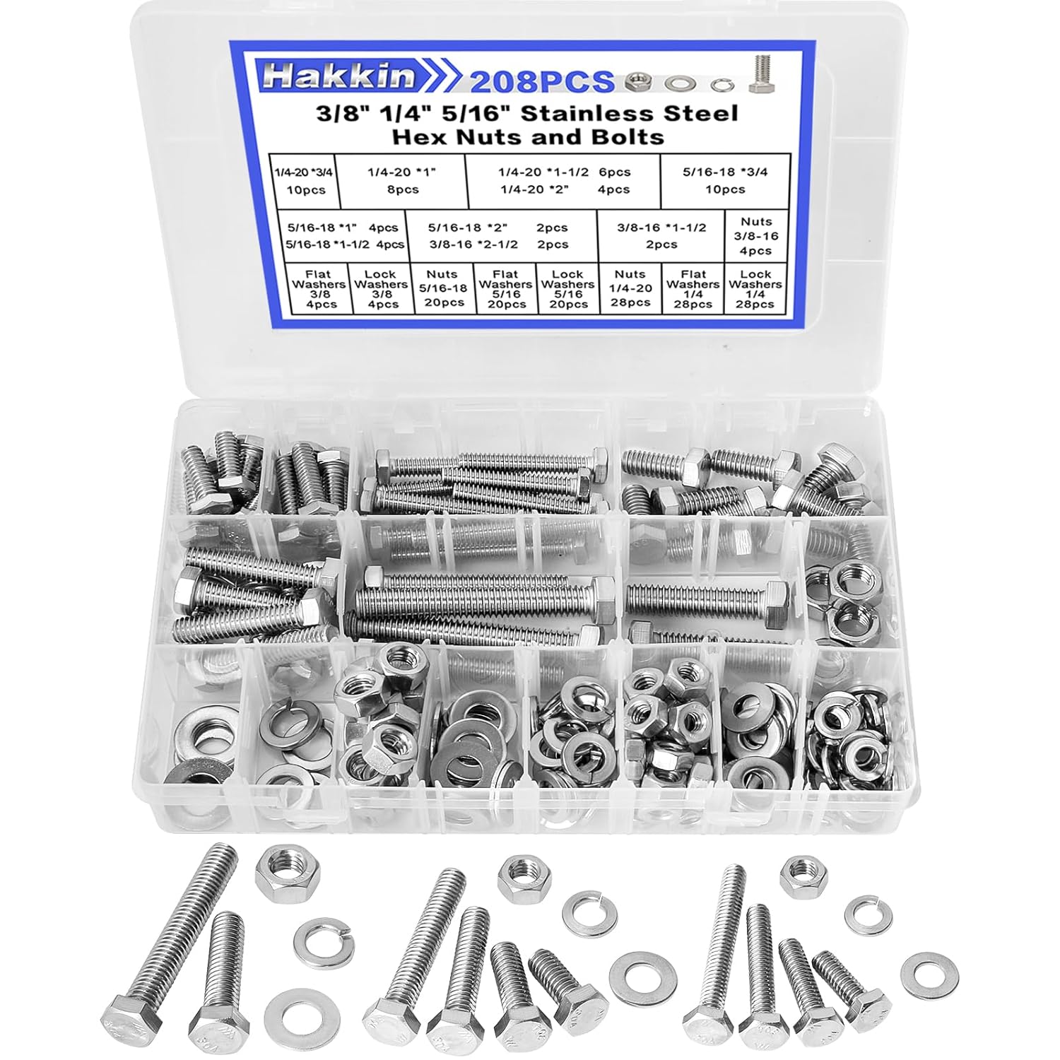 208PCS Heavy Duty Stainless Steel Hex Nuts and Bolts, 1/4" 5/16", 3/8", 10 SAE Sizes Bolts and Nuts kit, Screws Lock and Flat Gasket Washers Assortment Kit