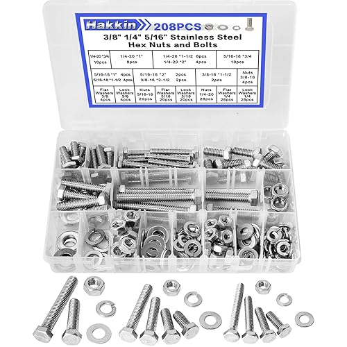 Miniatura 8 de Kit de 124 tuercas y pernos hexagonales, kit de tornillos y tuercas hexagonales de acero inoxidable, juego de arandelas de resorte plano y de