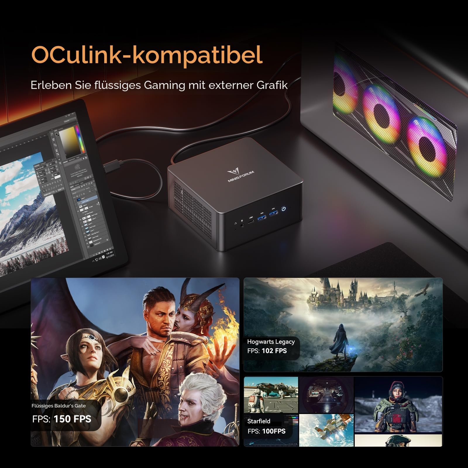 MINIS FORUM UM890 Pro Mini PC - AMD AI Ryzen 9 8945HS, 8 C/16 T, Radeon 780M GPU, 2 x M.2 SSD Slots, DDR5, HDMI 2.1, DP 1.4, 2 x USB4, Oculink, 4xUSB-A, 2xRJ45 2.5G, Wi-Fi 6E & BT 5.2 (Ohne RAM/SDD)
