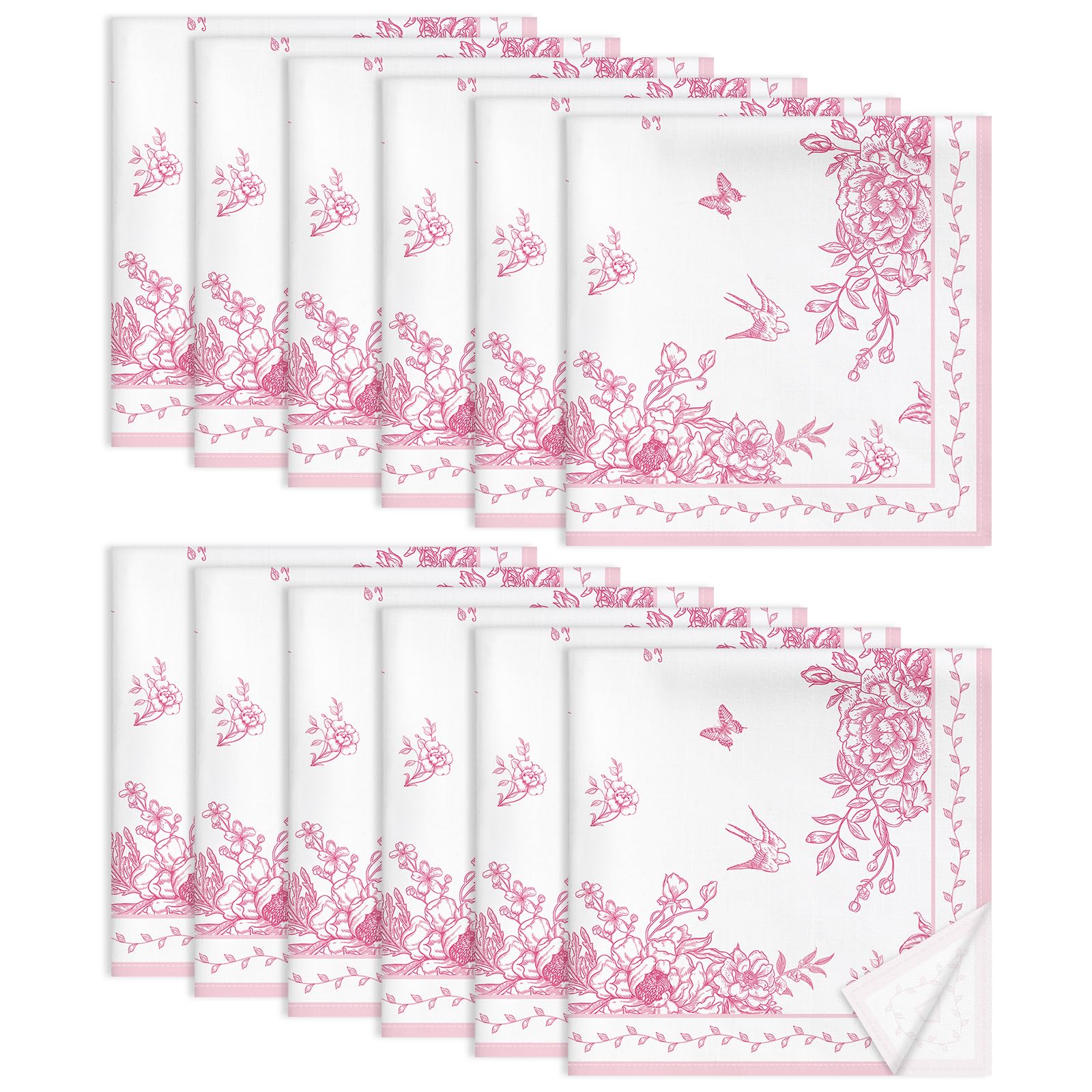 Arquiel Chinoiserie Flower Bird Napkins, 45 cm x 45 cm Vintage Pink Dinner Cloth Napkins Set of 12, Washable Cotton Soft Absorbent Square Table Top Decoration for Dining Kitchen Party Wedding