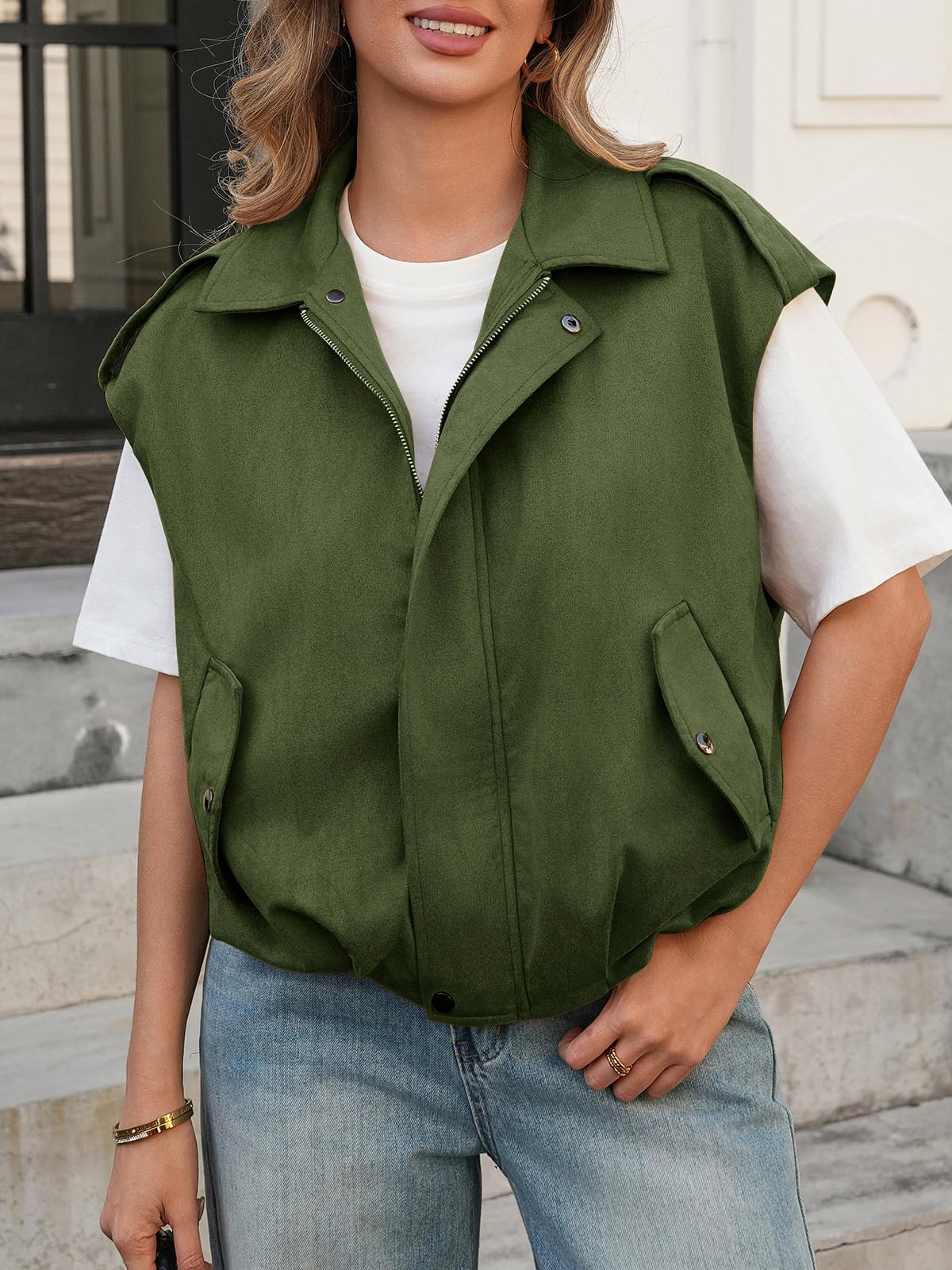 Cicy Bell Giacca da donna senza maniche Loose Fit Crop Coat con cerniera e tasche laterali decorative