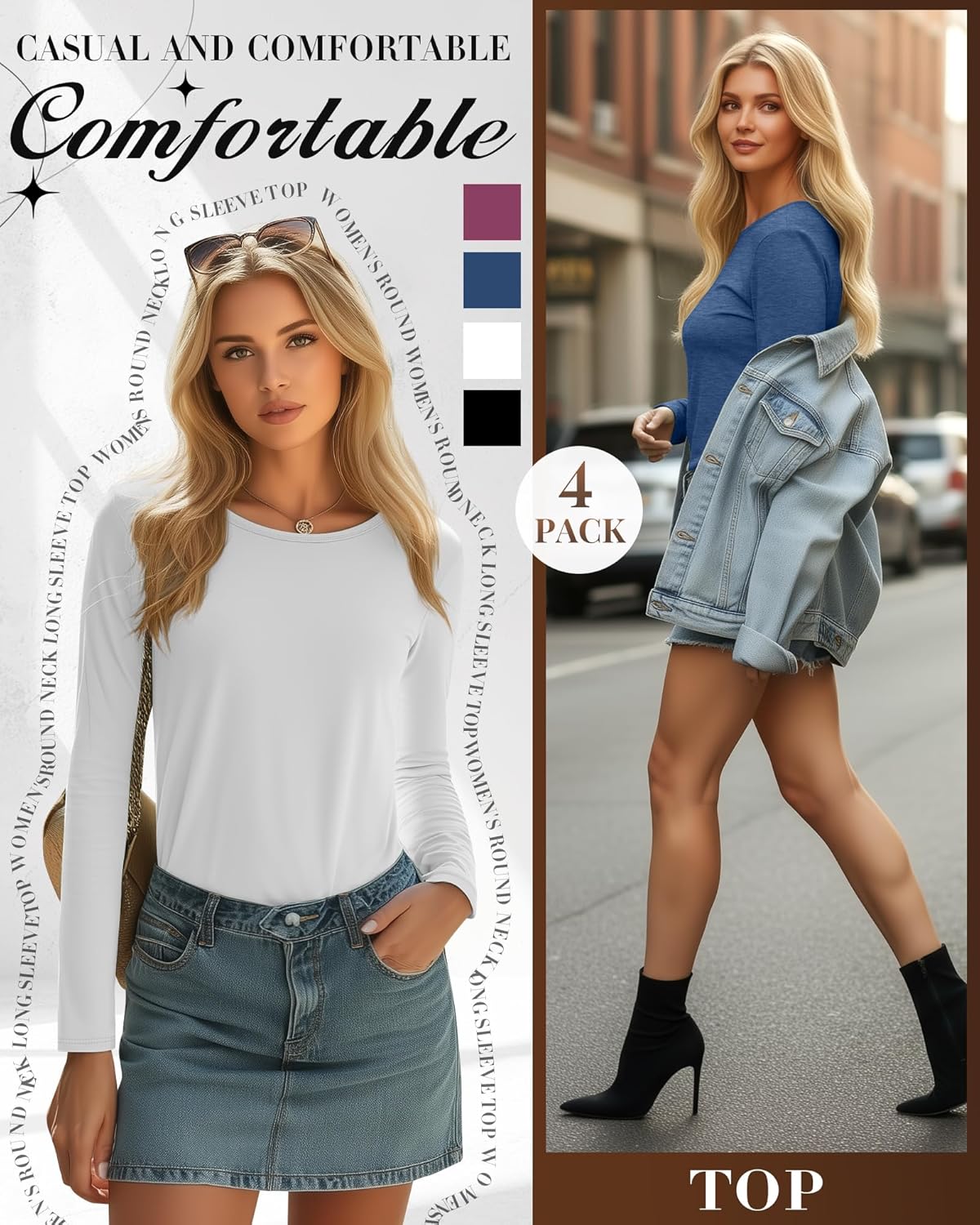 4 Pack Women' Long Sleeve Shirts Tops Casual Loose Fit Crew Neck Basic Tee Fashionable Workout Layer Fall Outfit - Image 2