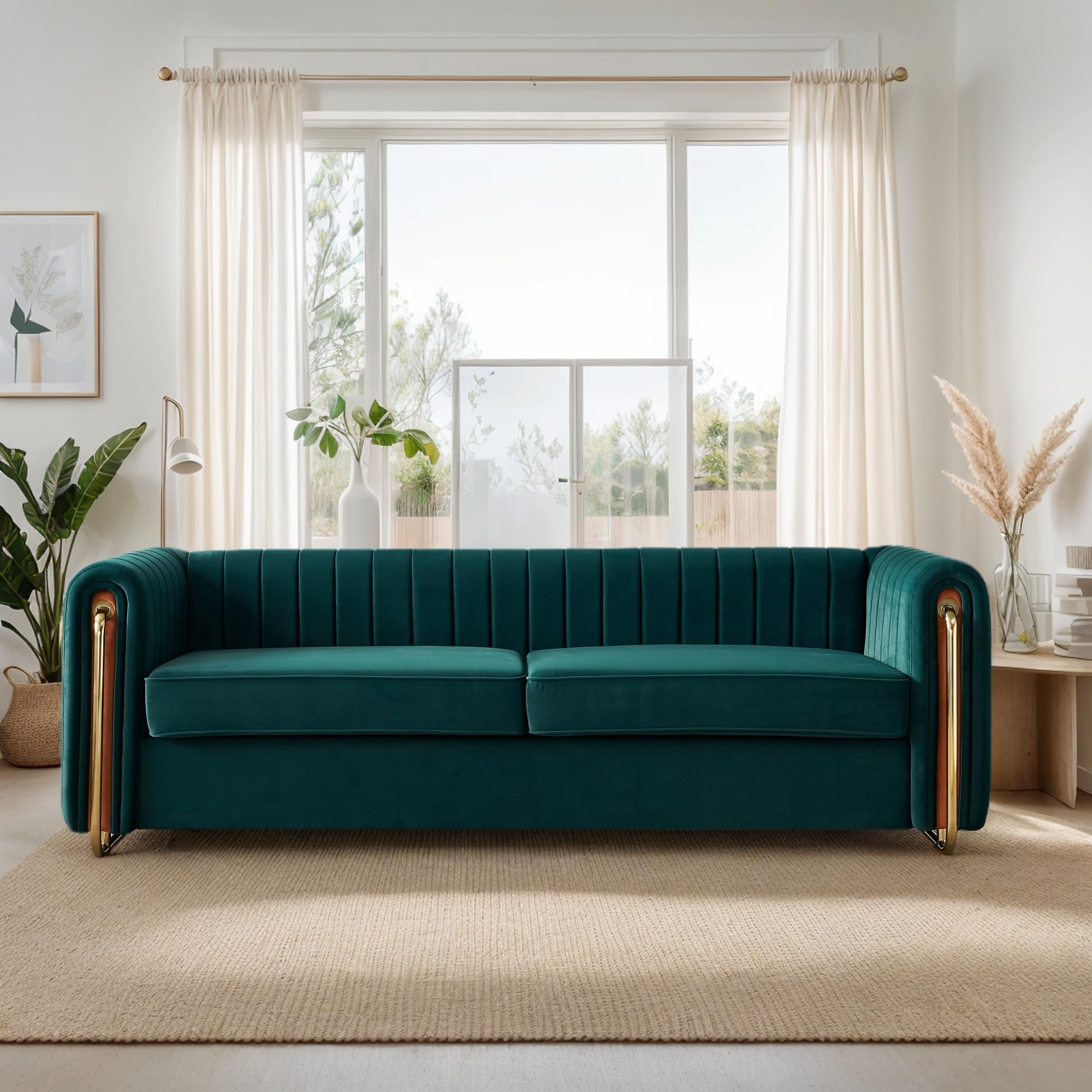 KEIKI 84" Velvet Deep Channel Tufted Sofa with Back Cushions and Rolled Arms, Modern Style 3-Seater Couch with Golden Polished Steel Legs, Easy Assembly, for Living Room, Bedroom, Office, Green