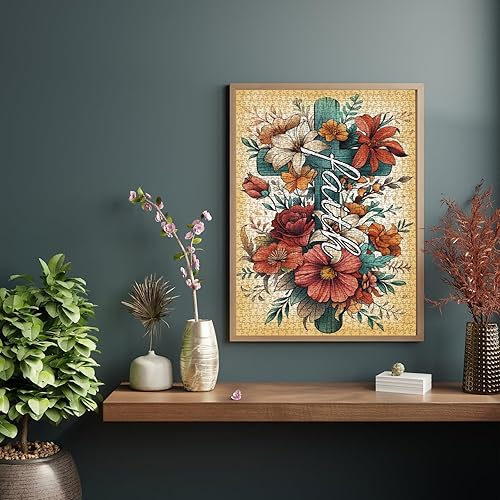 Miniatura 6 de Rompecabezas de cruz de flores vintage para adultos, 1000 piezas, rompecabezas florales religiosos cristianos, bonitos rompecabezas de arte católico