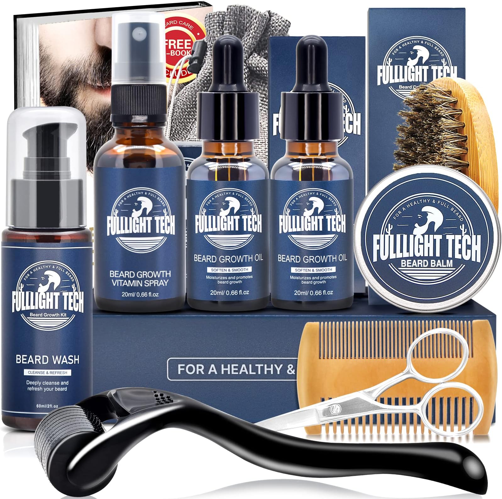Beard Growth Kit,Beard Grooming Kit,Beard Kit W/Beard Growth Oil,Beard Wash, Beard Balm,Comb,Brush,Shaving Scissors,Bag,E-book,Stocking Stuffers Birthday Gifts for Fathers Dad Men Him
