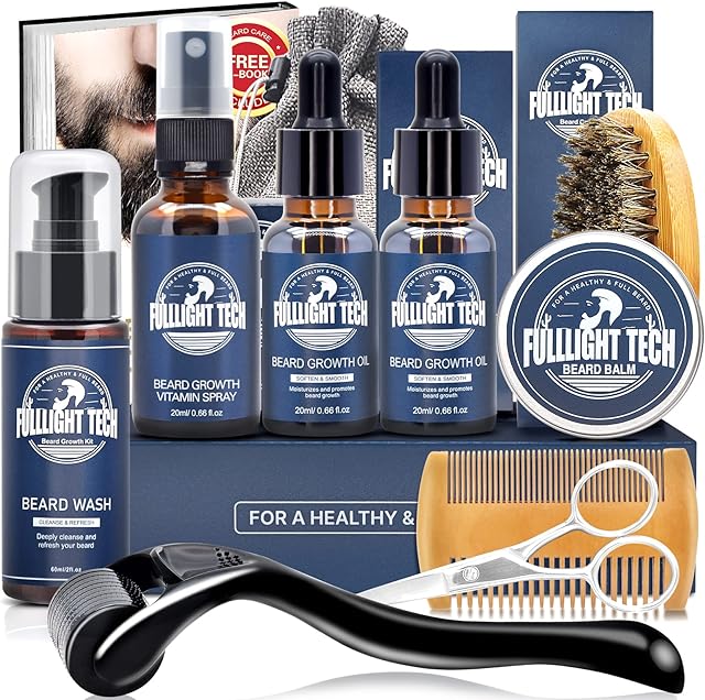 Beard Growth Kit,Beard Grooming Kit for Men W/Beard Roller,Beard Growth Oil,Beard Shampoo,Balm,Comb,Scissors,Brush for Grooming & Shaving,Ebook,Birthday Fathers Gifts for Men Him Dad Husband Boyfriend