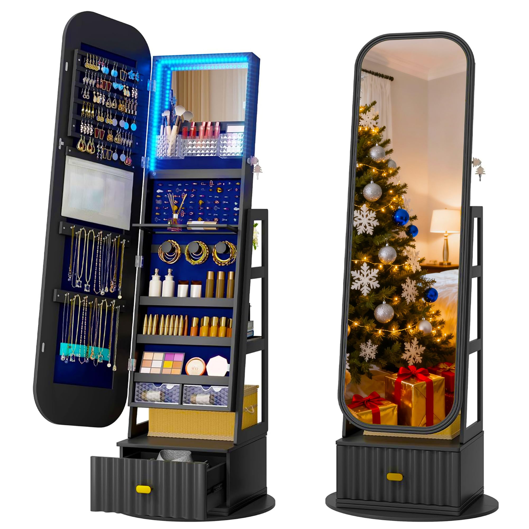 Full Length Mirror with Storage, 61" Mirror Jewelry Cabinet Standing, Rotating Jewelry Mirror Organizer Full Length, Lockable Jewelry Armoires with Velvet Lining for Women Gift Black-D