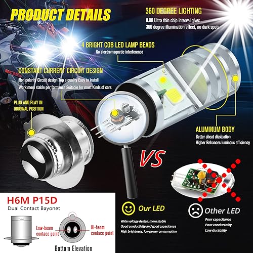 Miniatura 3 de 2 bombillas LED ATV de 9 a 48 V, color blanco, 1800 lm Hi-Lo Beam 4COBs H6M P15D bombillas LED para motocicleta o motocicleta, Y amaha, ATV Y FM350