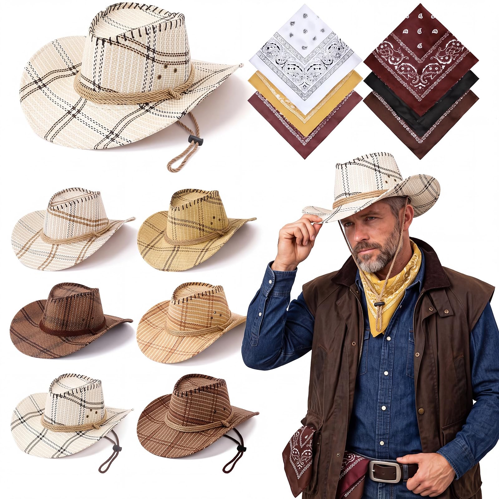 Zhanmai 12 Pcs Cowboy Hats Bulk, 6 Hats with 6 Bandanas