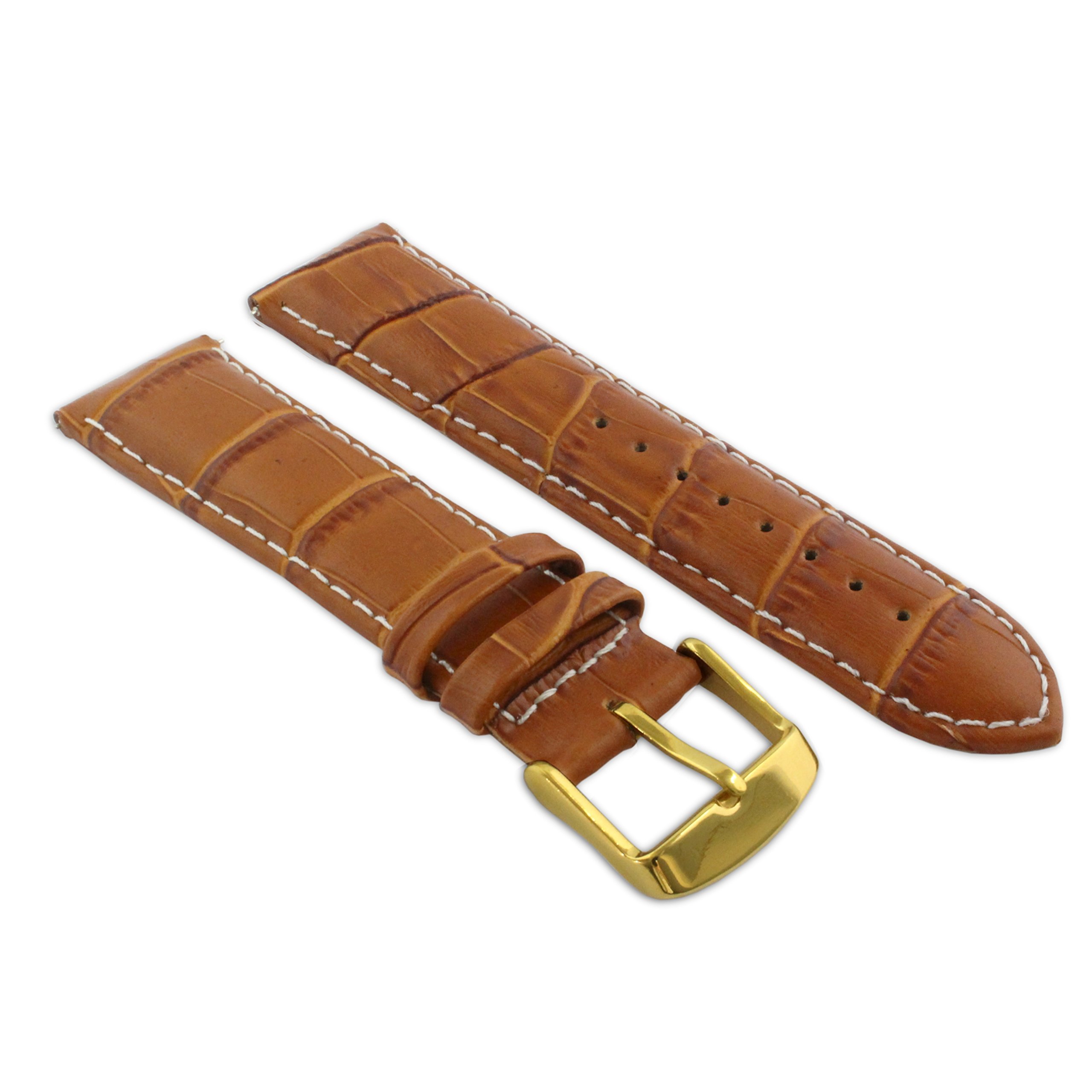 20mm Tan & White Genuine Leather Mock Croc Watch Strap Band Mens Crocodile Padded Gold Buckle