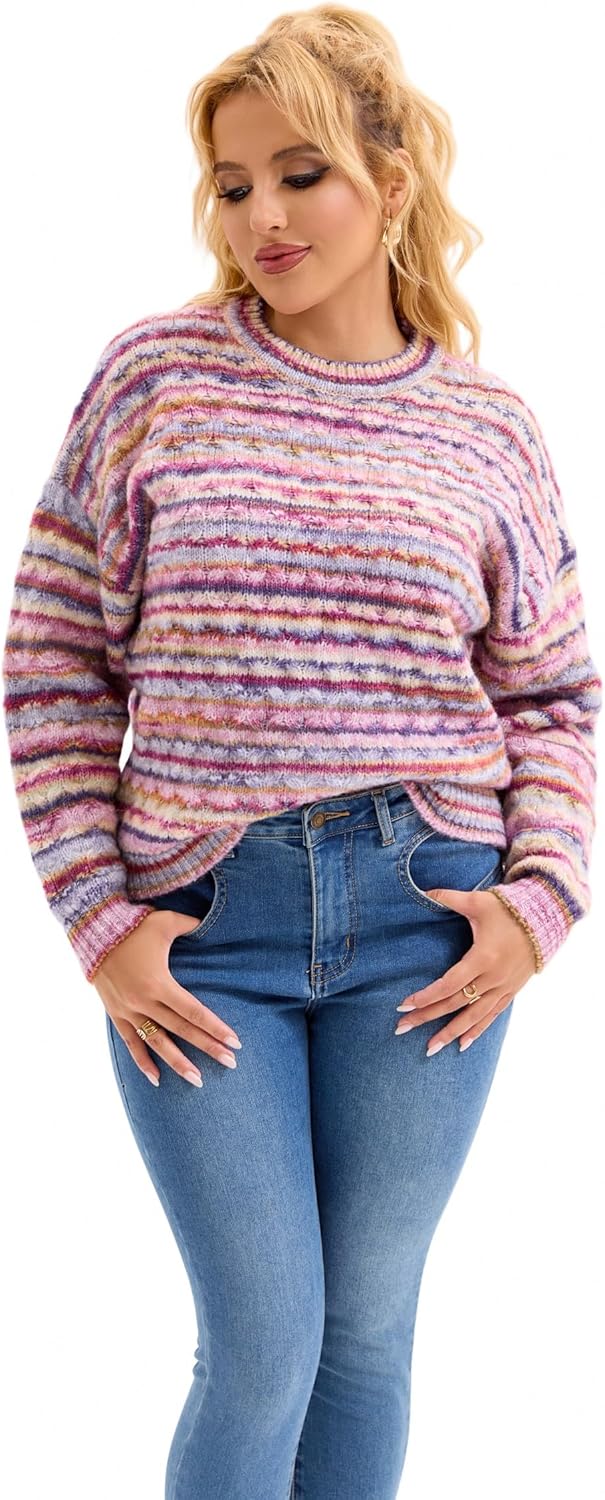 Froggirl Women’s Striped Cable Knit Sweater – Crewneck Chunky Pullover Jumper Loose Fit Long Sleeve Fall Winter Top