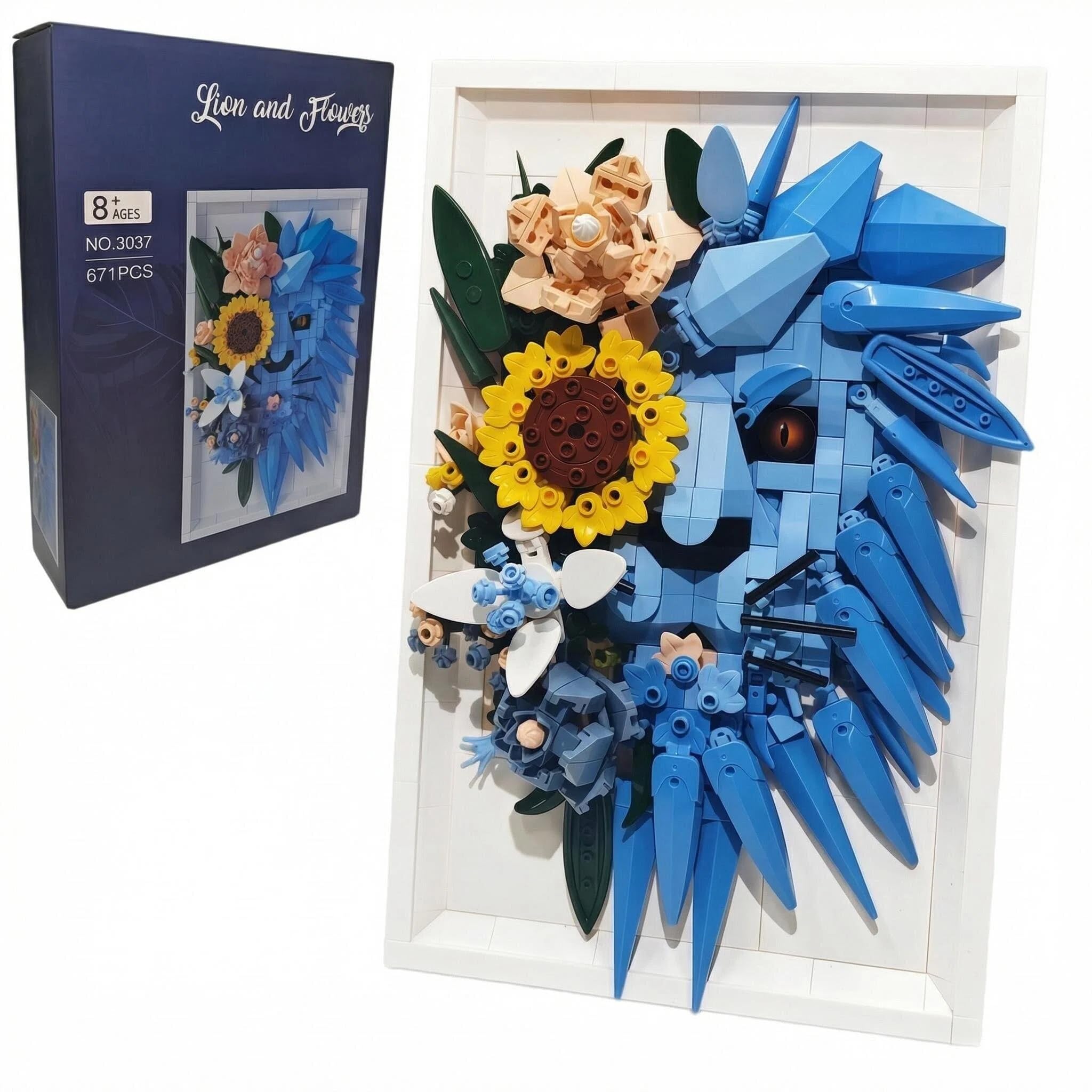 ViventeFEI Flower Lion Building Set, 3D Floral Animal Wall Art Decor, Blue Lion with Sunflowers Building Bricks Kit, Home Office Decor, Creative Gift for Kids 8-16+& Adults(671 PCS)