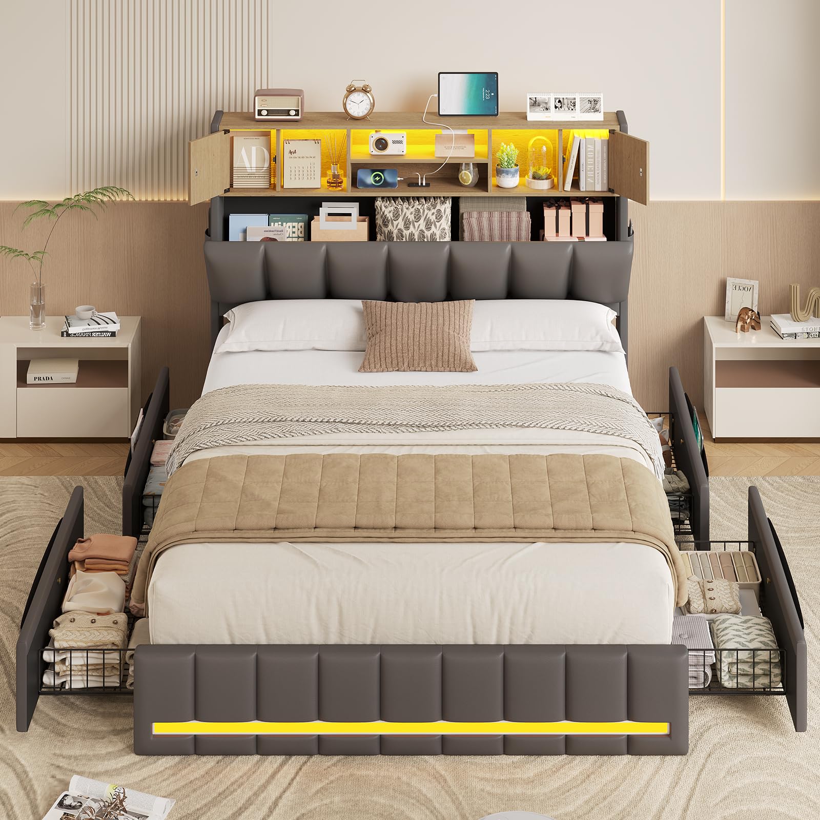 KIMENICH Letto Matrimoniale con Illuminazione a LED, Struttura Letto 140 x 190 cm, 4 Cassetti, Stazione di Ricarica, Testiera con Vano Portaoggetti, Lettos Imbottito, per camera, Grigio