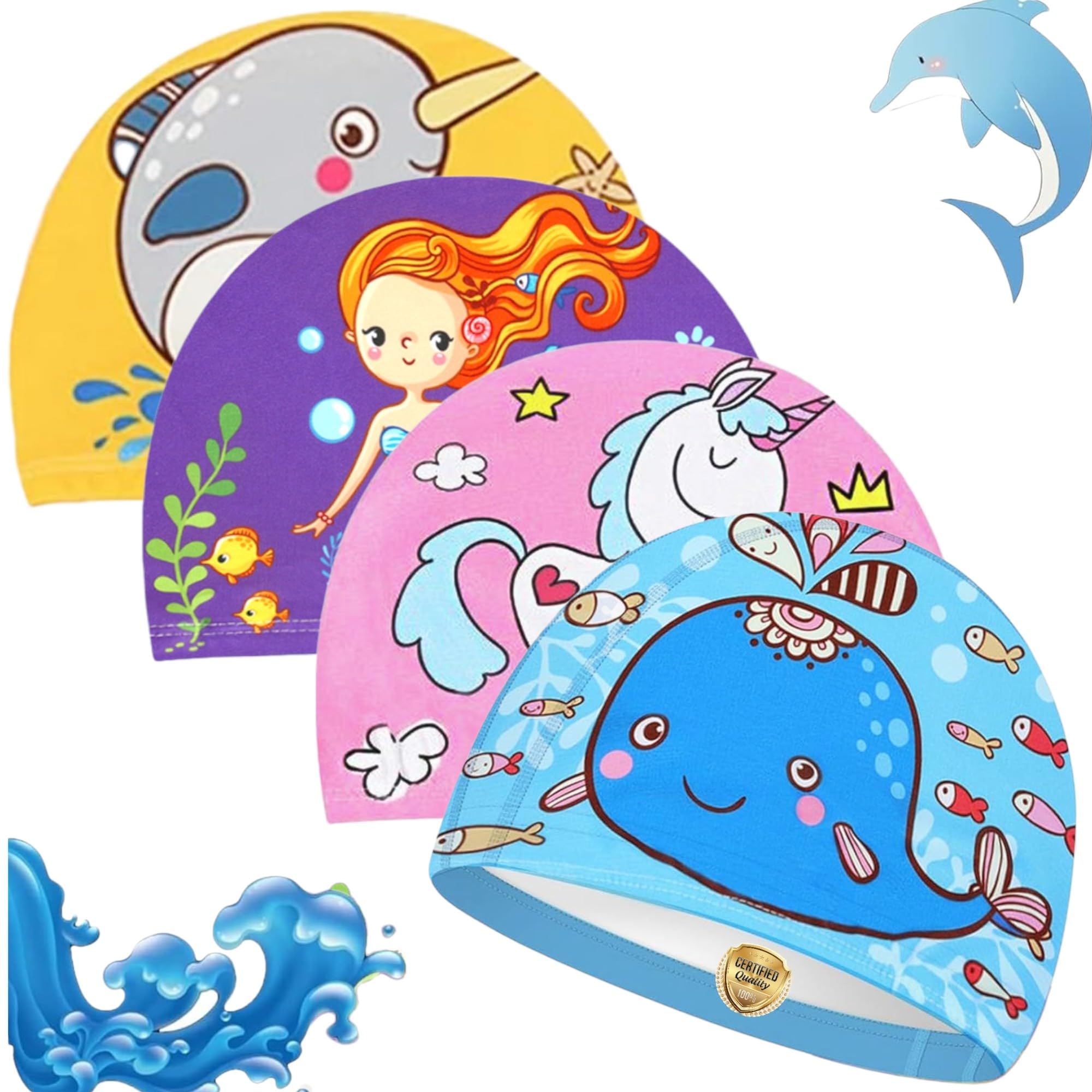 Pack 4 Gorros de Baño de Tela - Gorro de Natación de Tela para Niños - Gorro de Piscina de Dibujos Animados - Poliéster Elástico para Niño Niña de 1 2 3 o 4 Años