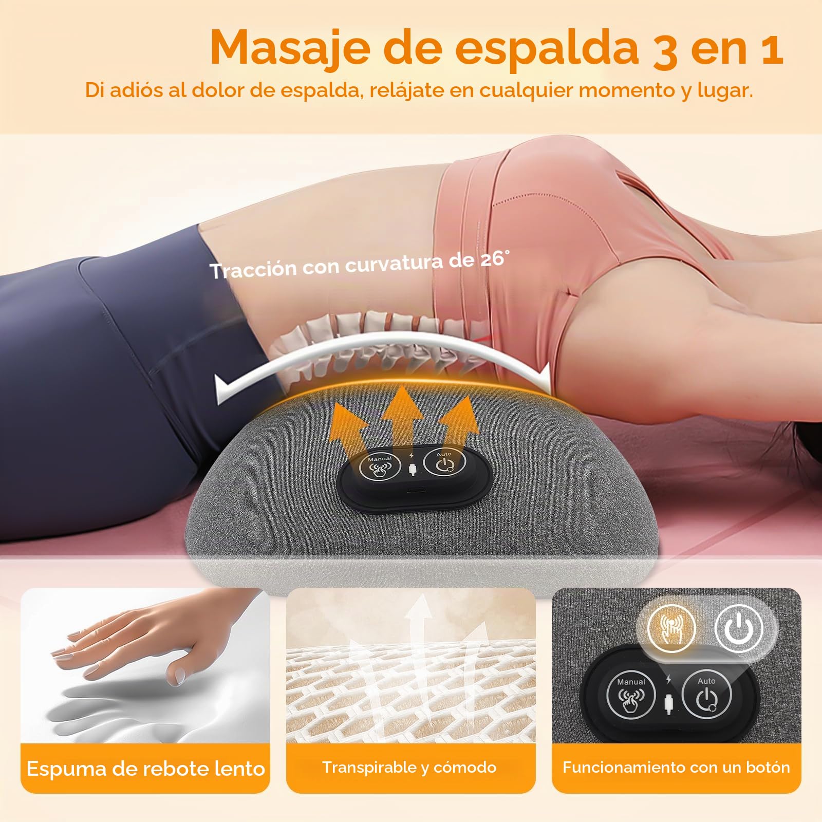Almohada Lumbar Masajeadora Recargable 3 en 1 con Calor, Vibración y Estiramiento - Soporte Lumbar Ergonómico 26° para Oficina, Hogar y Viajes (Gris Oscuro)