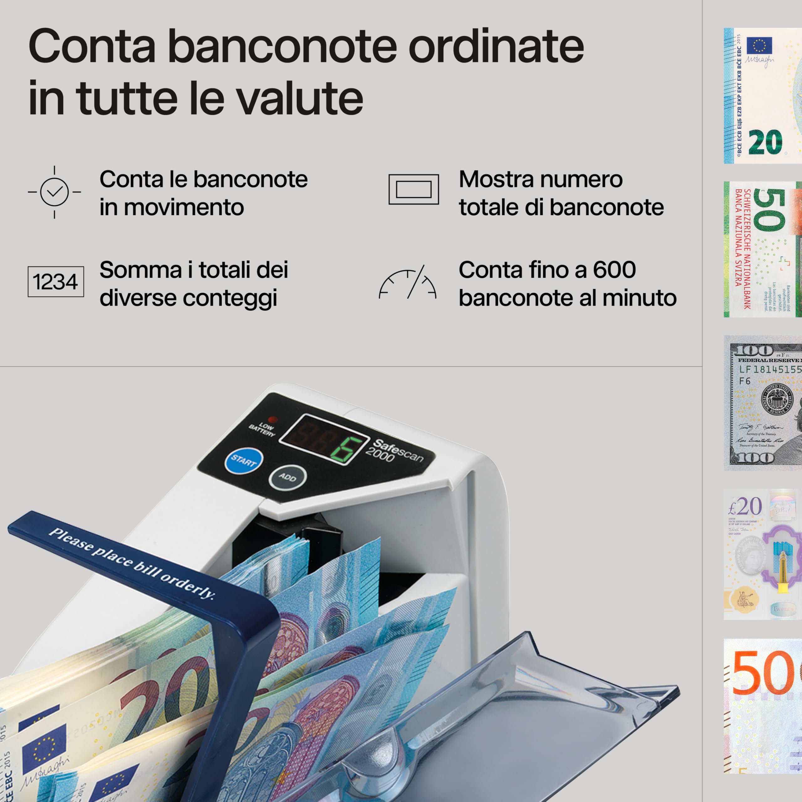 Safescan 2000 contabanconote portatile che conta banconote ordinate - Contabanconote da viaggio - Contabanconote per banconote ordinate e per tutte le valute