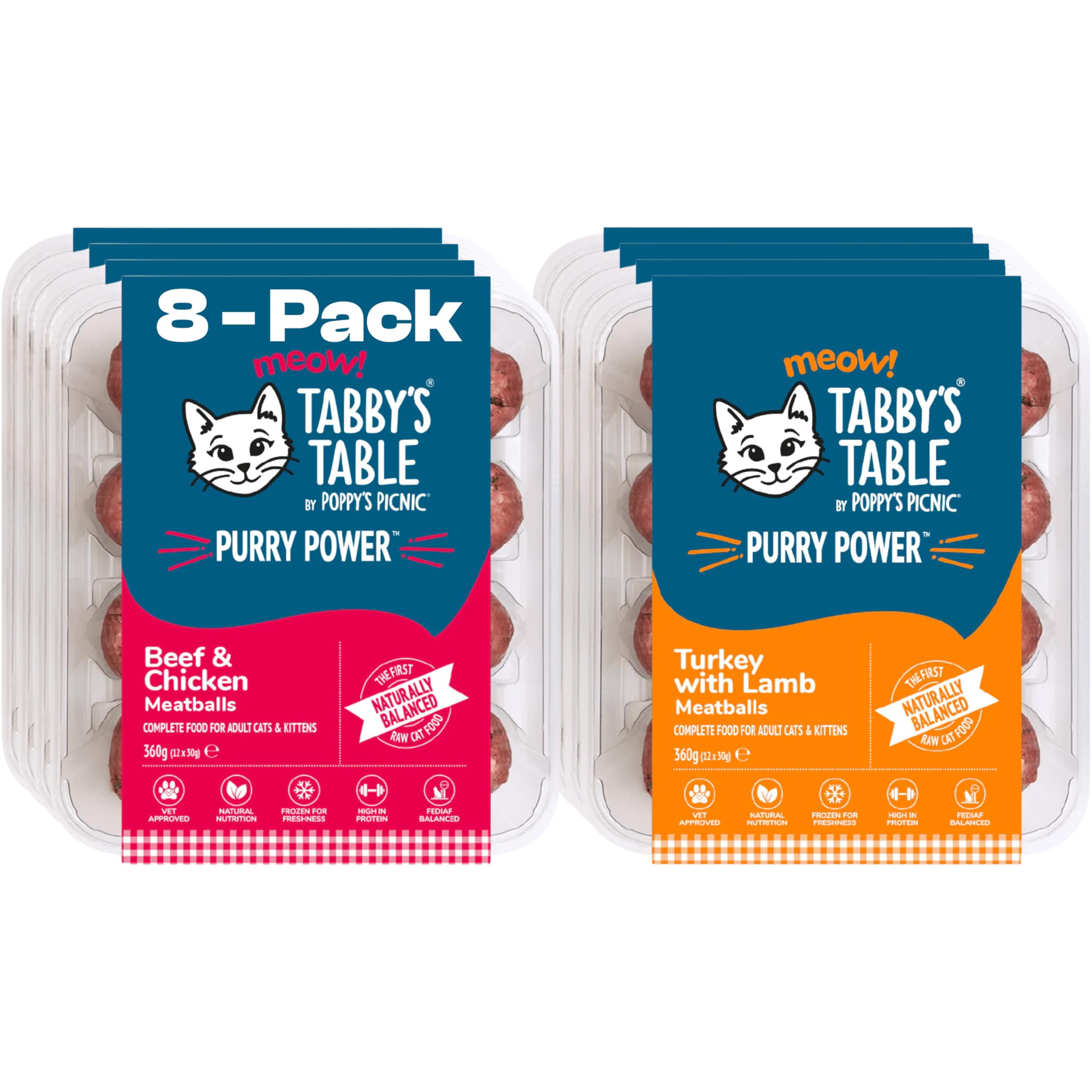 Tabby’s Table - PURRY POWER Beef & Chicken & Turkey with Lamb – 8 Pack Cat Food Frozen – High Protein Filler Free – Complete Raw Cat Food for Kittens, Adults & Seniors – 8 x 360g