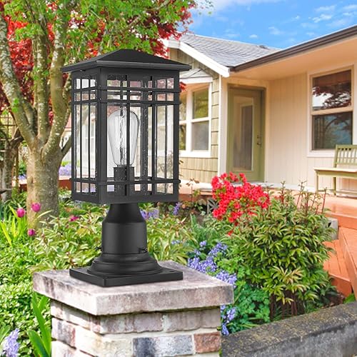 Miniatura 5 de Lámpara de poste para exteriores, farol de poste exterior con vidrio sembrado en acabado negro, luz de pilar ideal para patio, camino y entrada de