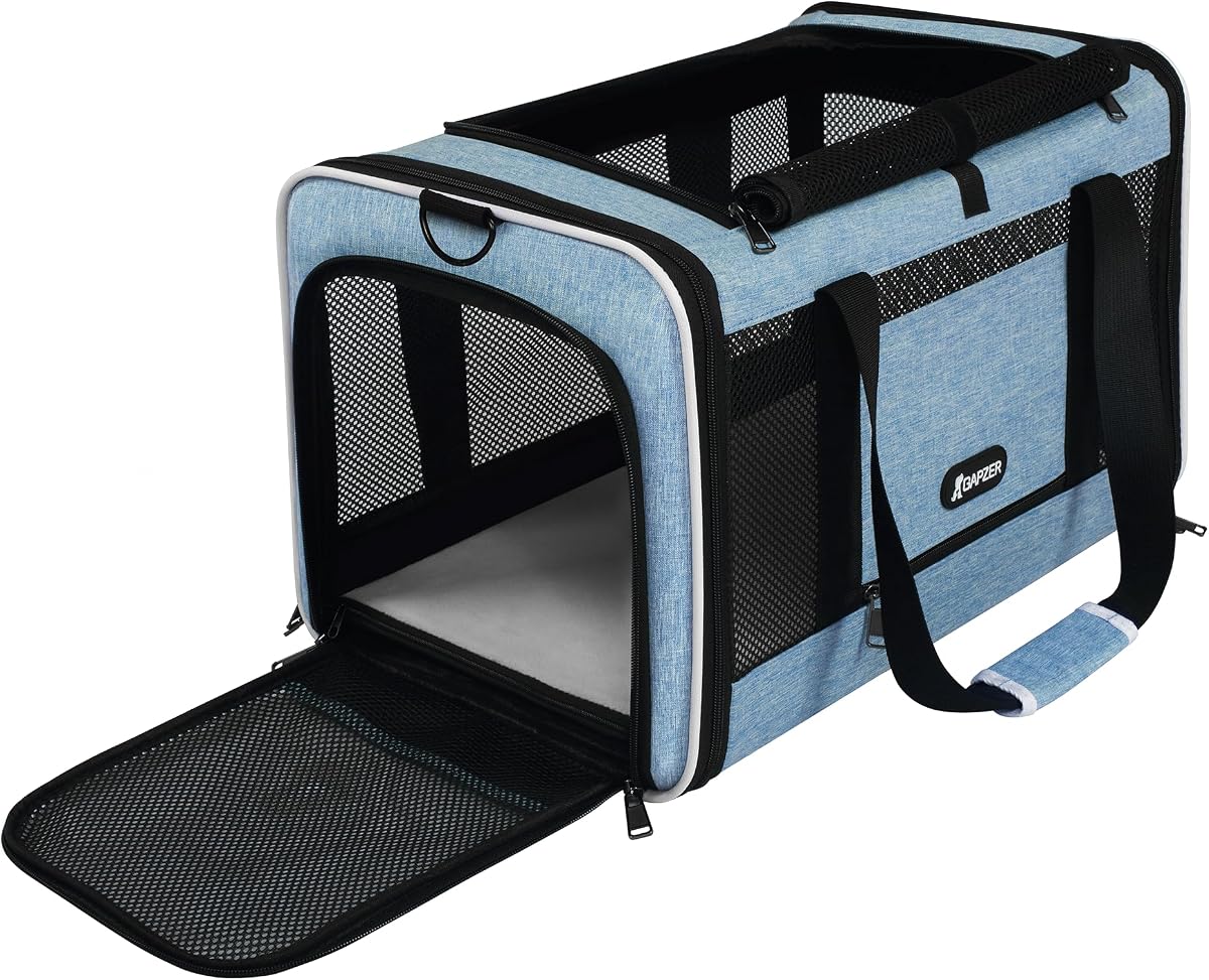 GAPZER Cat Carrier 18 x 11 x 11 Top Loading Soft Pet Travel Bag Over 15lbs | Portable Small Dog Puppy Car Travel Crate 10 lbs, Chihuahua Kennel Carry Case, Kitty Cloth Cage Medium Cat Under 25 lbs Blue