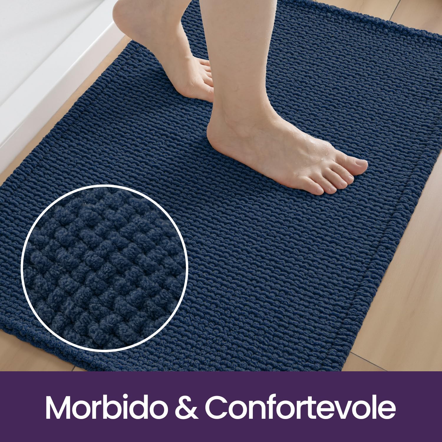 DEXI Tappeto Bagno in Ciniglia 60 x 110 cm, Tappetino Antiscivolo e Assorbenteo, Tappeti Lavabile e Morbido per la Lavandino, Ingresso del Doccia, Blu