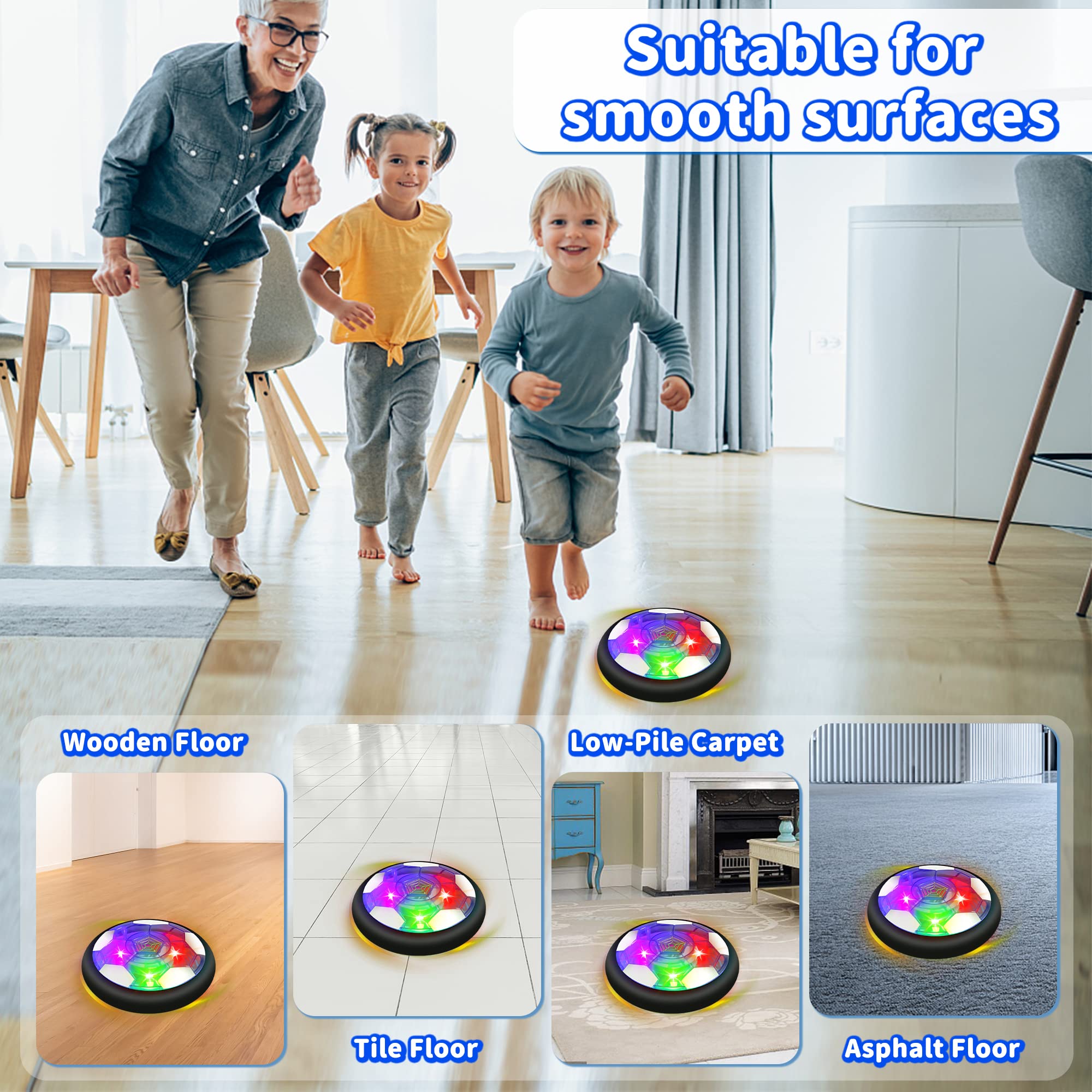 Air Power Football Jouet Enfant Ballon 3-in-1 Hover Hockey Soccer Jouet Ballon de Foot Rechargeable avec Pare-Chocs en Mousse LED Lumière Football Cadeaux pour garçons Filles 3 4 5 6 7-12 Ans
