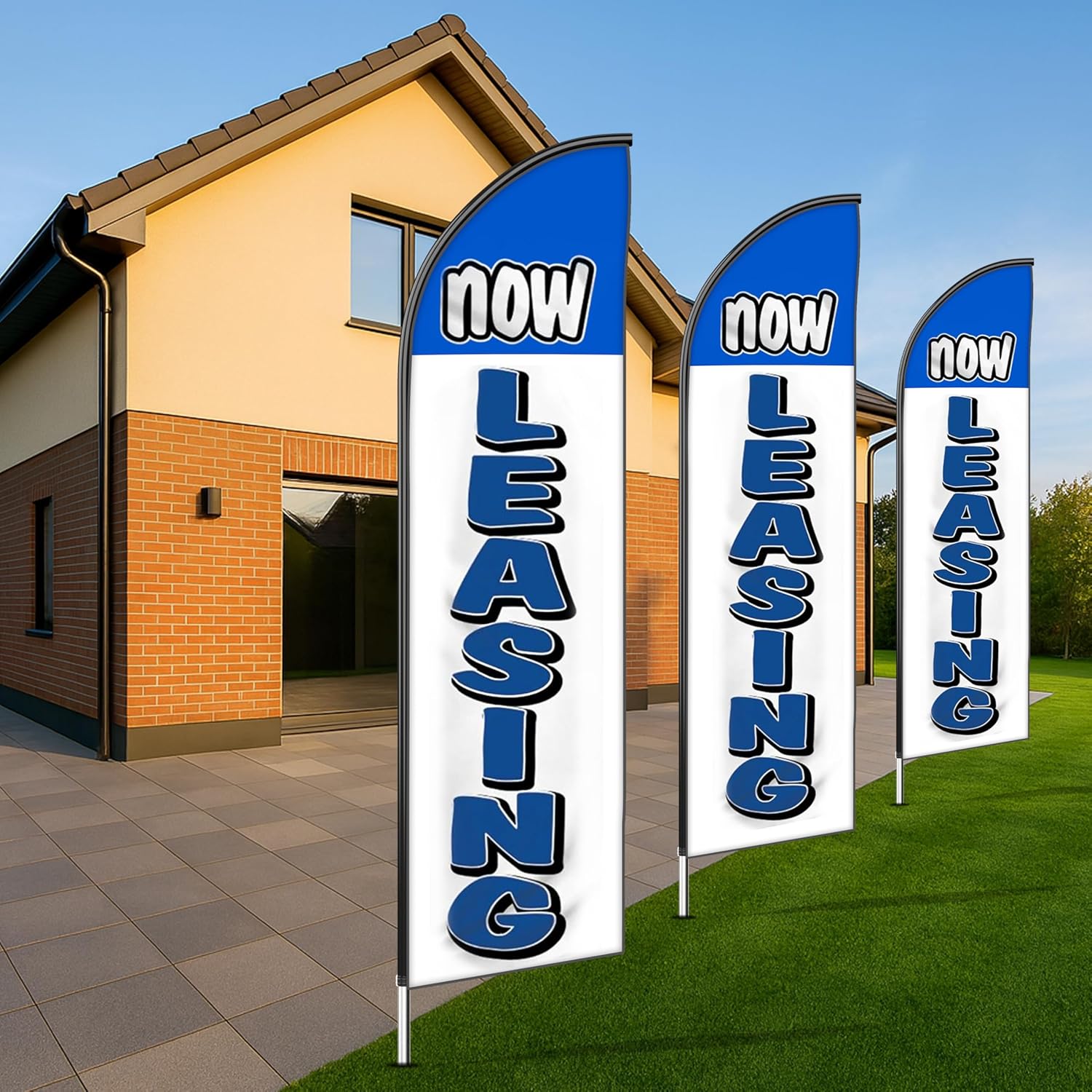 Now Leasing King Feather Flag Kit With Complete Hybrid Pole set- Pack of 3 | 2.5 ft by 12 ft Flags for Apartments, Real Estate, Property Management Advertising | Weatherproof Now Leasing Flags (Blue & White) | Outdoor Signs ( With Complete Hybrid Pole set )