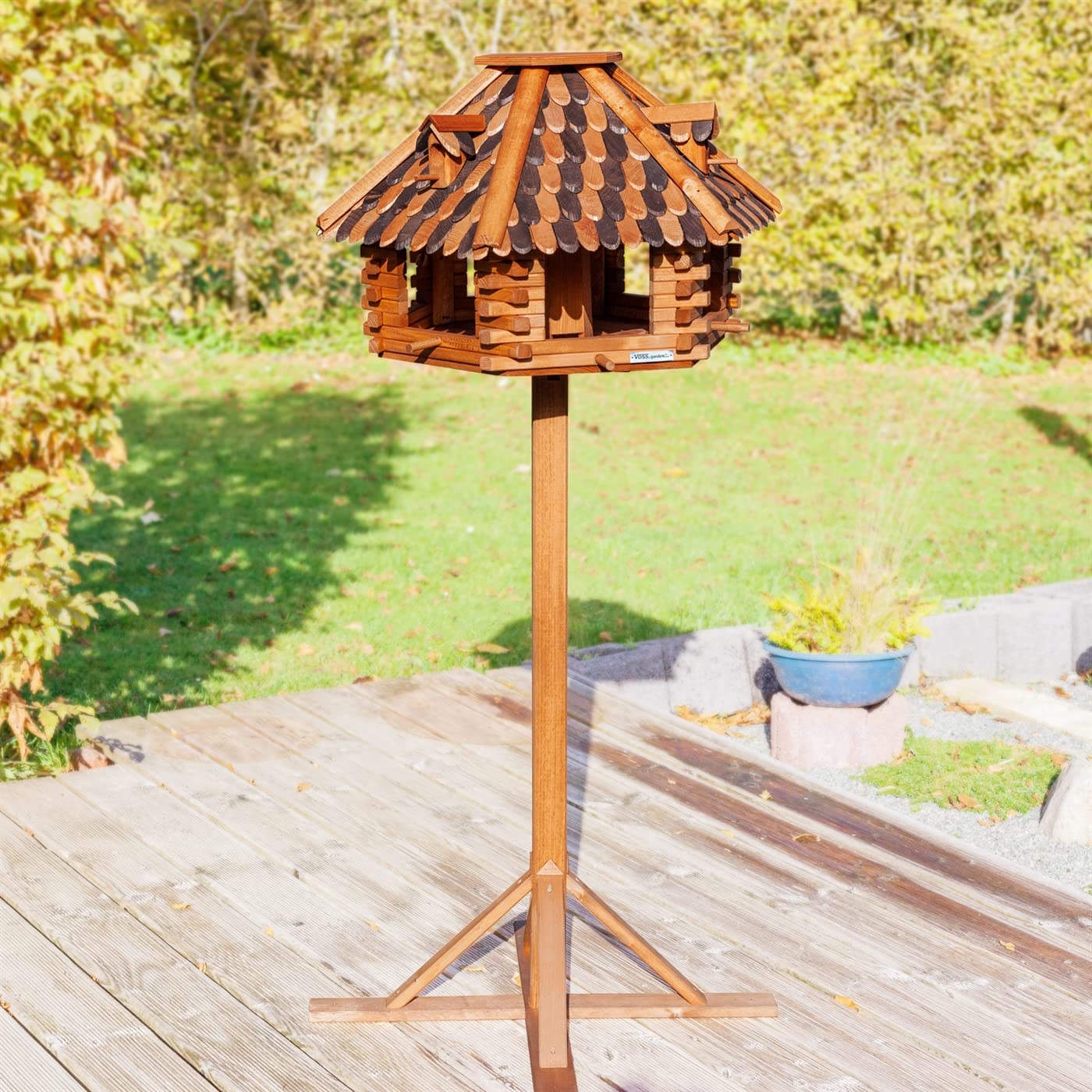 VOSS.garden Vogelhaus XXL Herbstlaub 70cm Durchmesser inklusive großem Standfuß, insg. 1,45 Hoch Vogelfutterstation, Vogelhäuschen