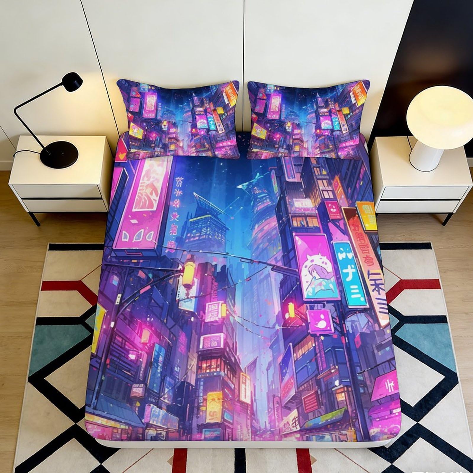 3D Printed Neon Cityscape Fitted Sheet Microfiber Urban Night Lights Bed Cover for Bedroom Guestroom Decor Mattress Protection 90x200x25cm