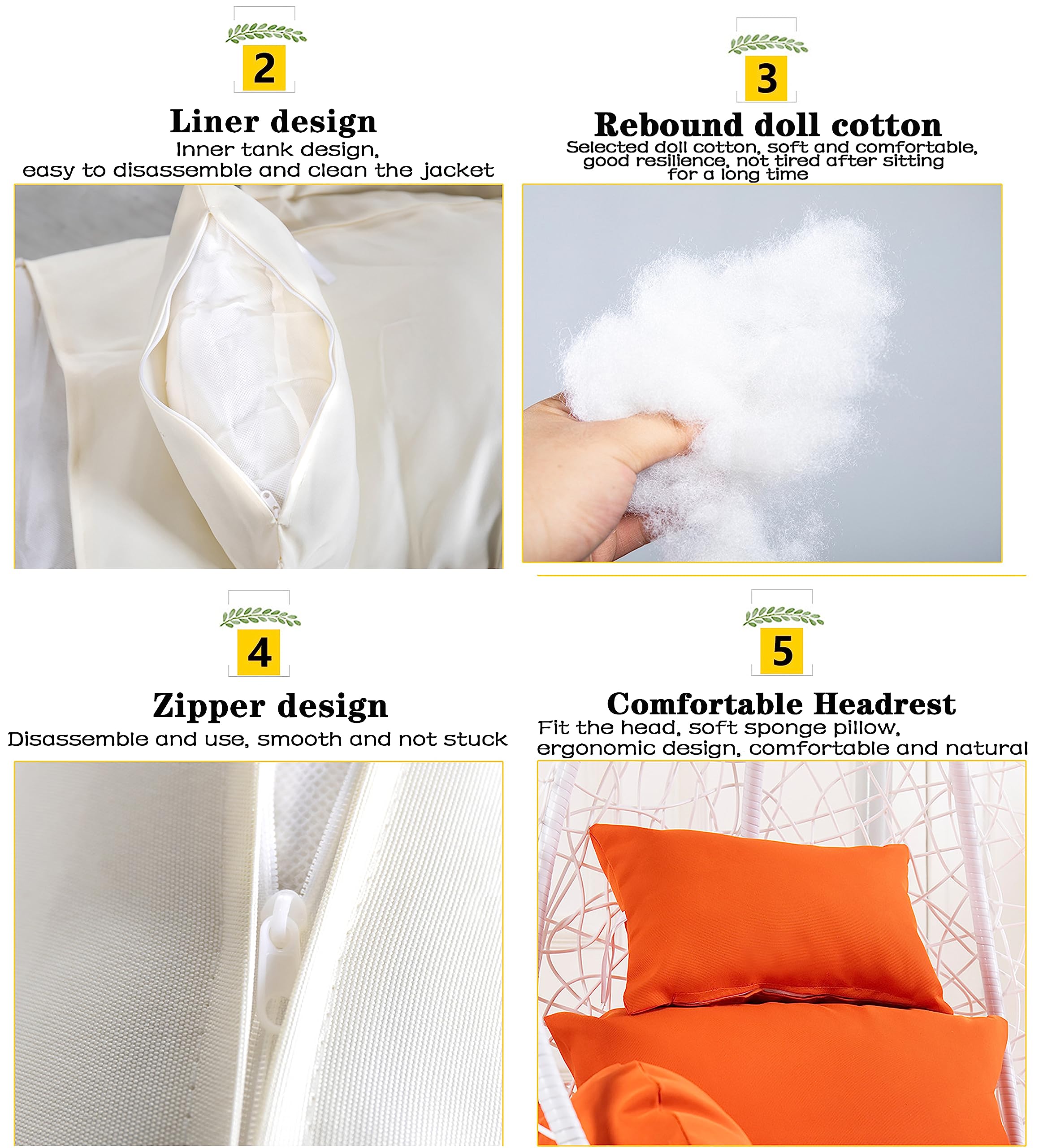 Coussin pour Fauteuil Oeuf Suspendu, Imperméable Siège de Chaise Rembourrage pour Patio Jardin, Balançoire Panier Suspendu Coussin de Siege, avec Appui-tête et ficelles pour Attacher(Color:Off White)