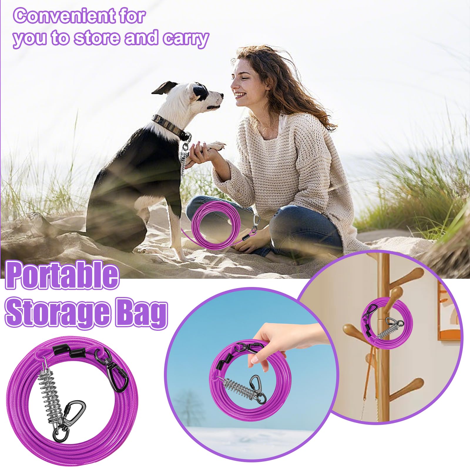 Câble d'attache pour Chien de 9 m (29,5 pi) avec Crochet Verrouillable à Ressort Durable et Sac de Rangement, Laisse Réfléchissante Anti-Morsure pour Chien l'Extérieur, Jardin Camping (Violet)