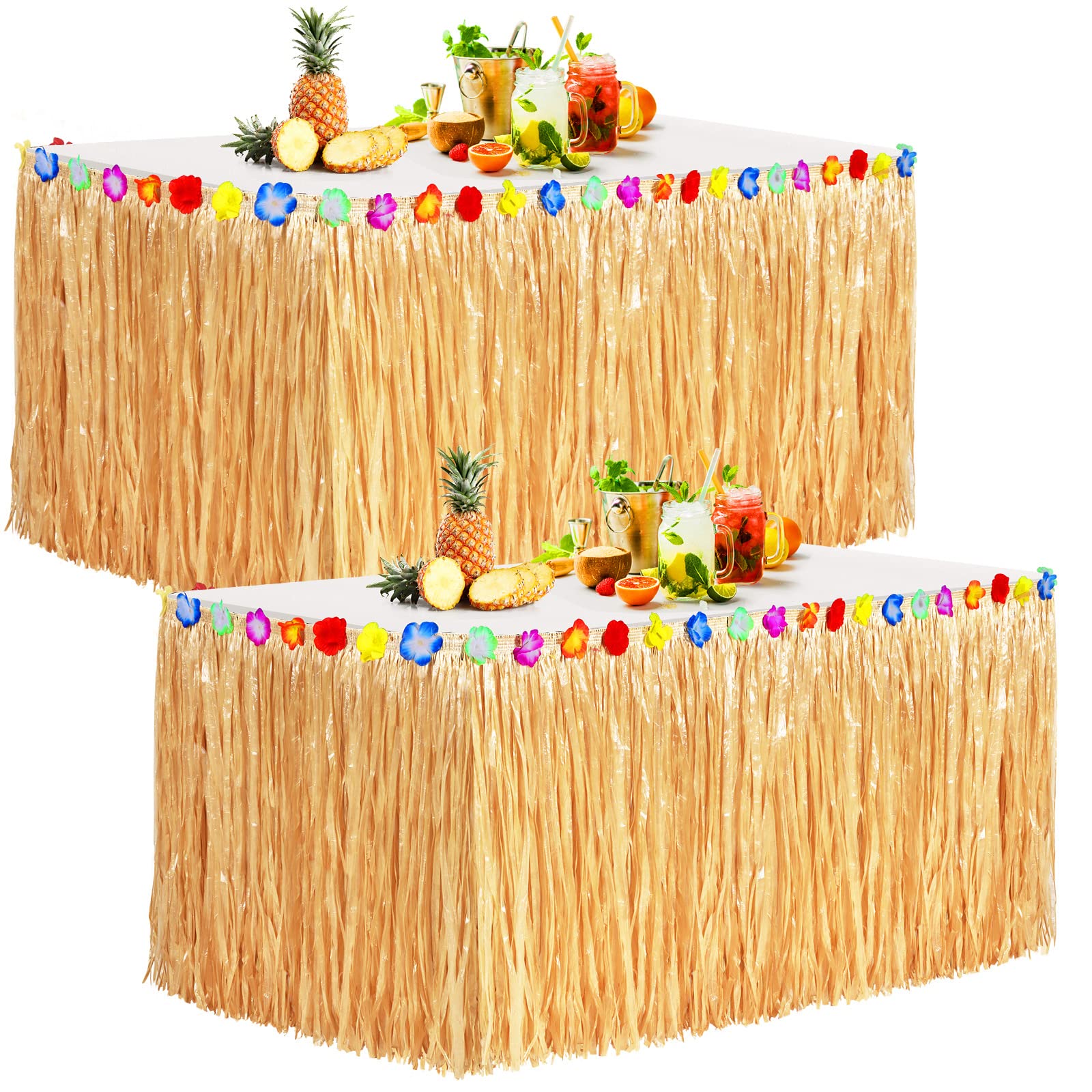 Aodaer 2 Pack Thickened Grass Table Skirt Natural with Hibiscus Flowers 400g Hawaiian Luau Tropical Party Decor Fringe Party Decoration for Costume Tiki Tropical Hawaii Moana Birthday, Straw Yellow