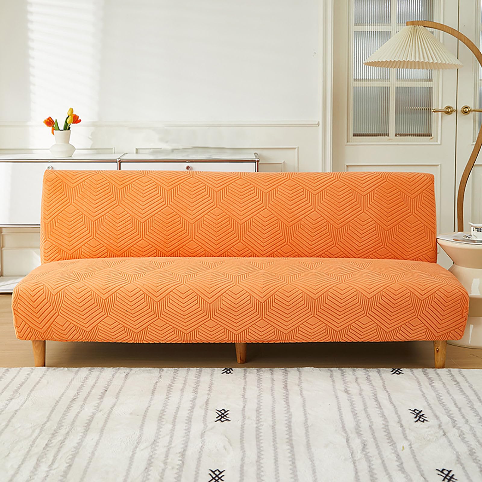 ZRCYXDW Folding Futon Cover Stretch, Futon Slipcover Soft Armless Sofa Cover Removable with Elastic Bottom-Orange-Small