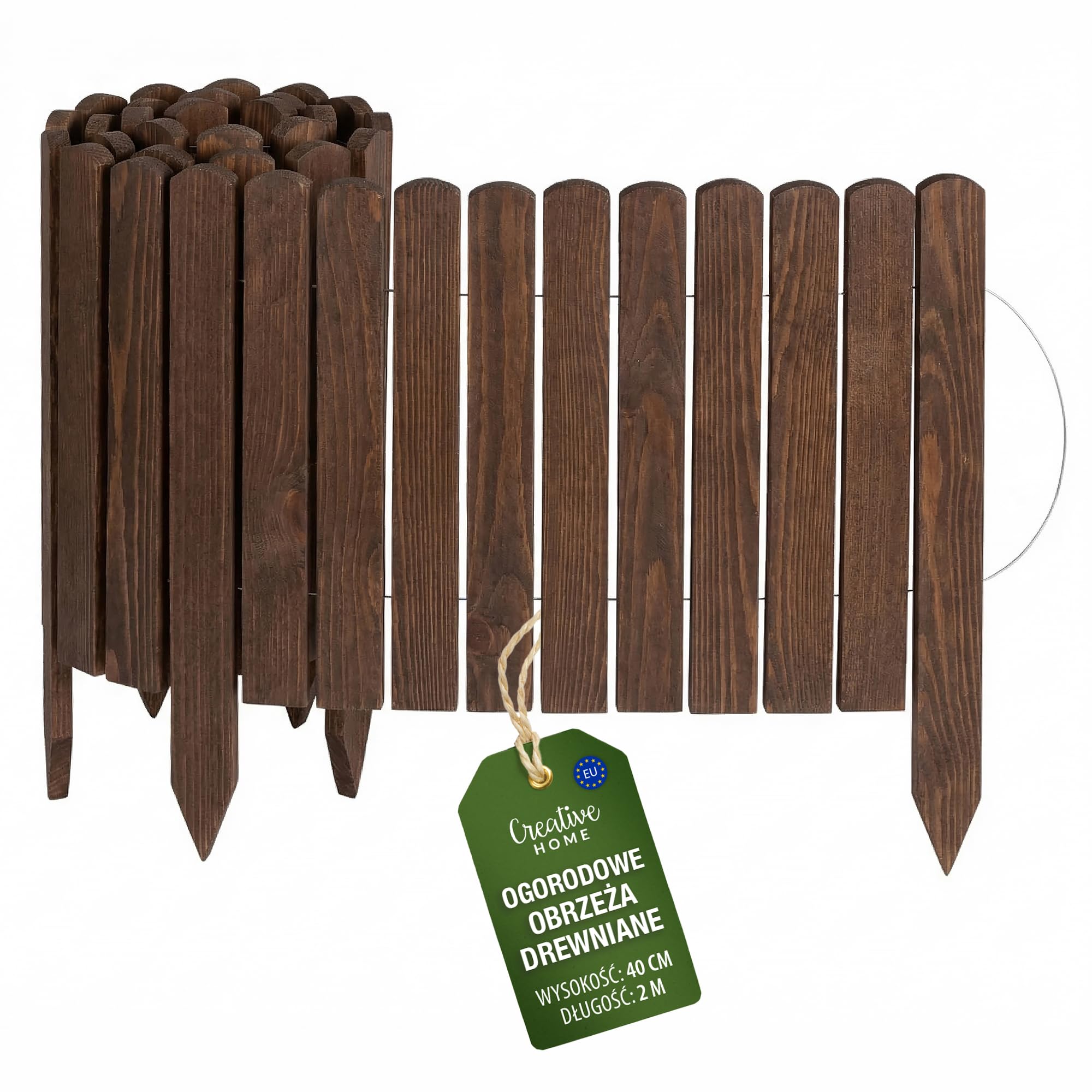 Creative Home Drewniane Obrzeże Trawnikowe Ogrodowe do Rabat Brązowe 2m x | 40 cm Wysokości | Elastyczna Palisada Rozwijane Ogrodzenie Ogrodowe Wbijane | Grządki, Płotek Drewniany, Krawędź Trawnika