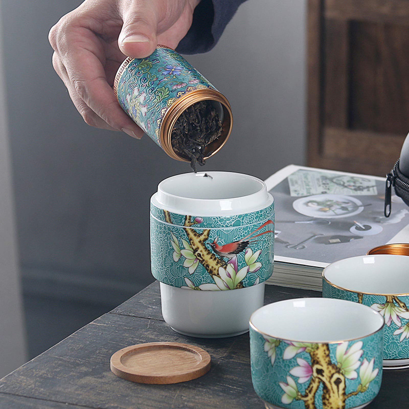 アンティーク木製ハンドルセラミックティーアートカンフーティーセット Amazon｜200mlハンドルポットセラミックカンフーティーセット