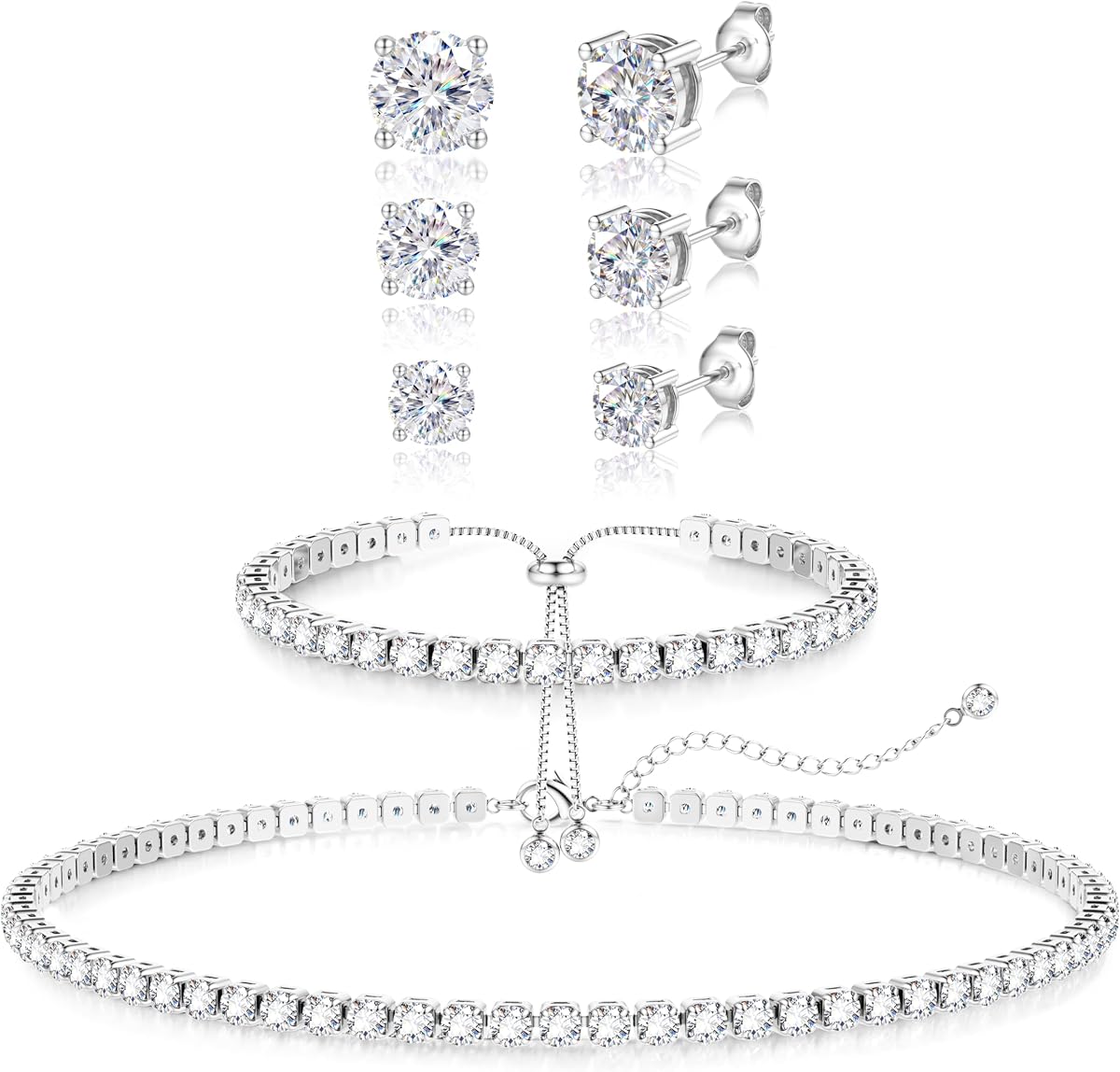 LOLIAS Silver Jewelry Set for Women Tennis Necklace Bracelet Hypoallergenic | Wedding Jewelry Sets for Brides Bridemaid,Costume Party Prom Accessories,Chockers Necklace CZ Tennis Bracelet Earrings Studs