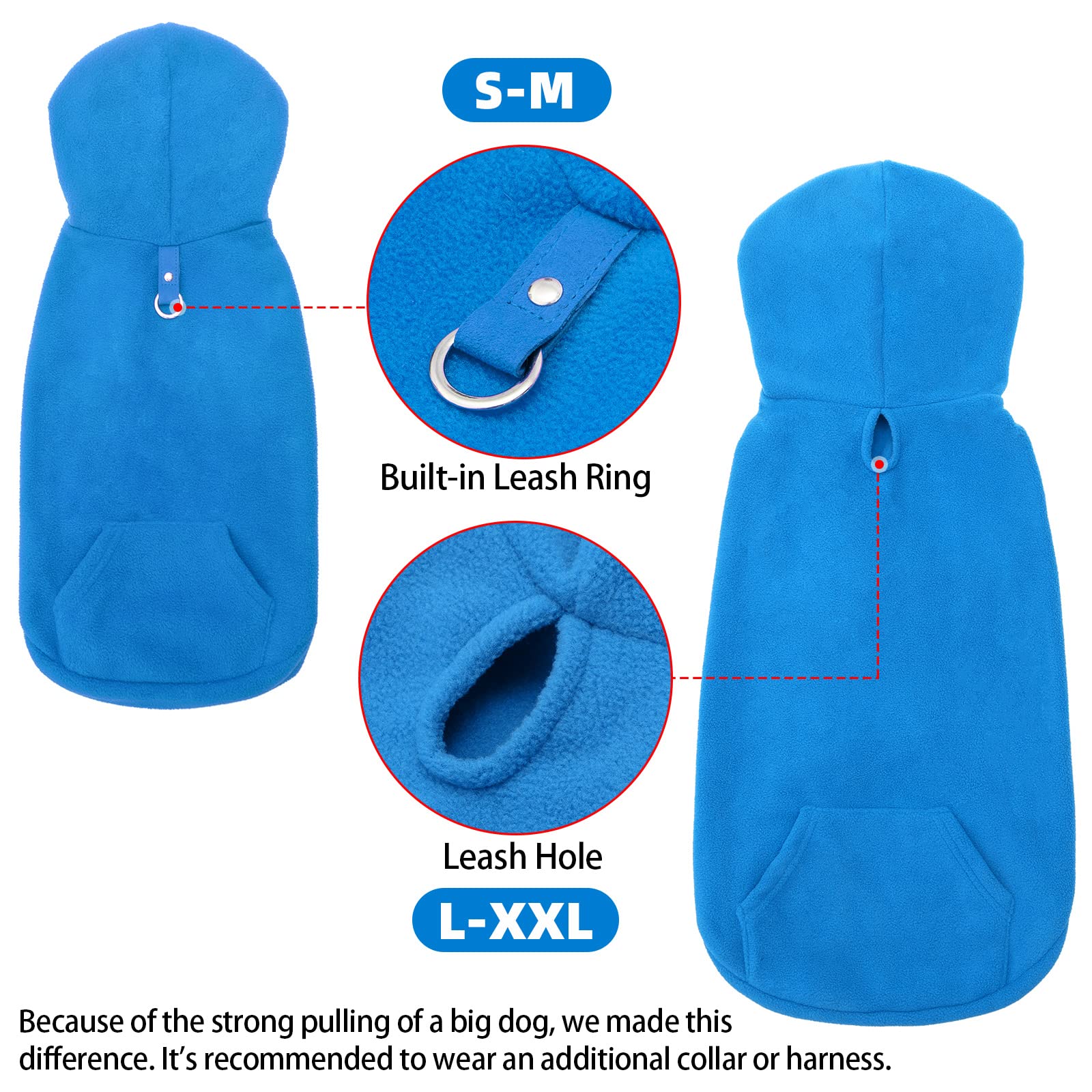 EXPAWLORER Dog Hoodie Fleece Jumper Vest, Hooded Dog Sweater Fall Winter Pet Clothes Sweatshirt with Lead Ring - Image 4