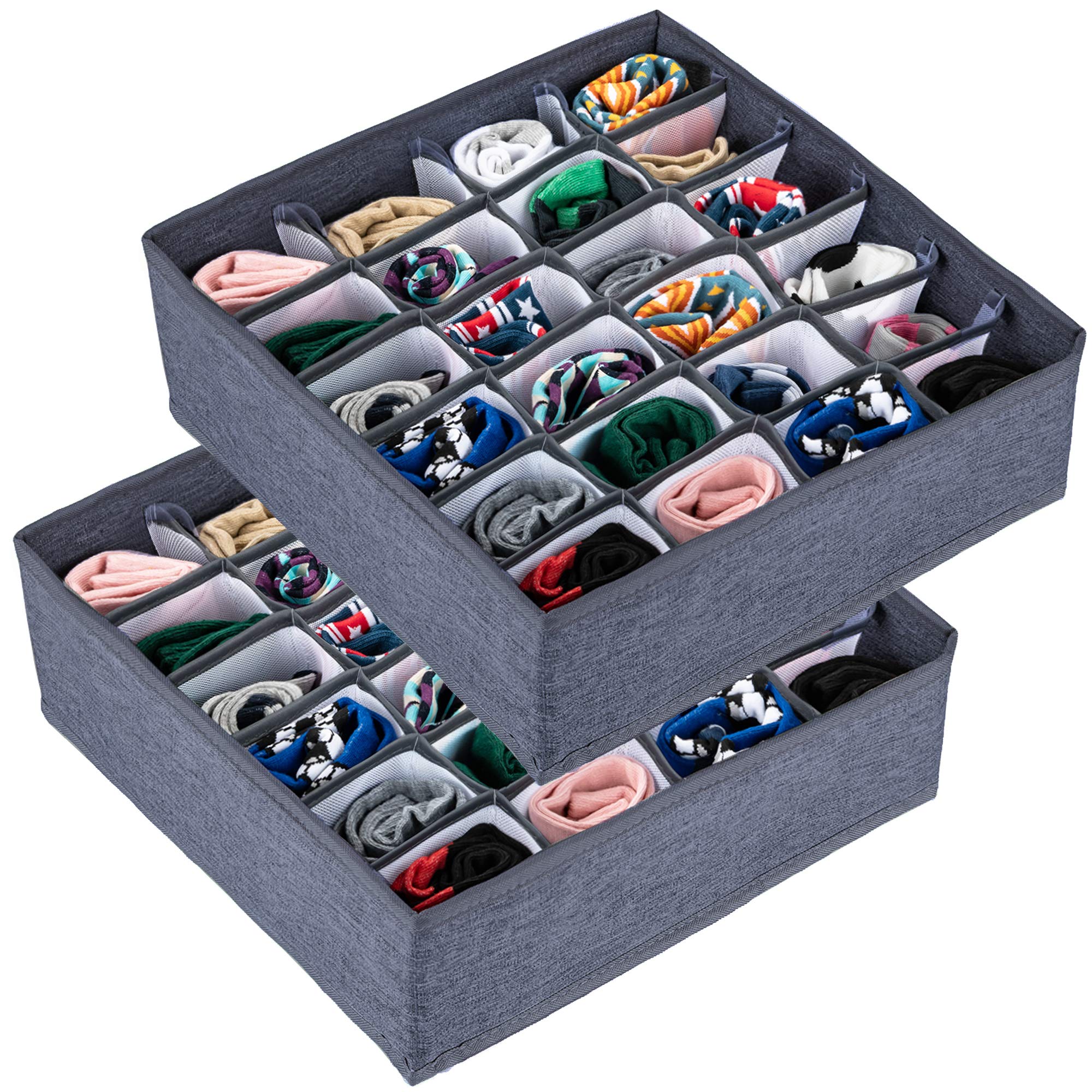 ULG2 Pack Sock Drawer Organizer, Machine Washable Oxford Cloth, 48 Cell Fabric Cabinet Closet Organizer and Storage, Underwear Drawer Organizer Divider for Storing Socks, Underwear, Ties, Dark Grey