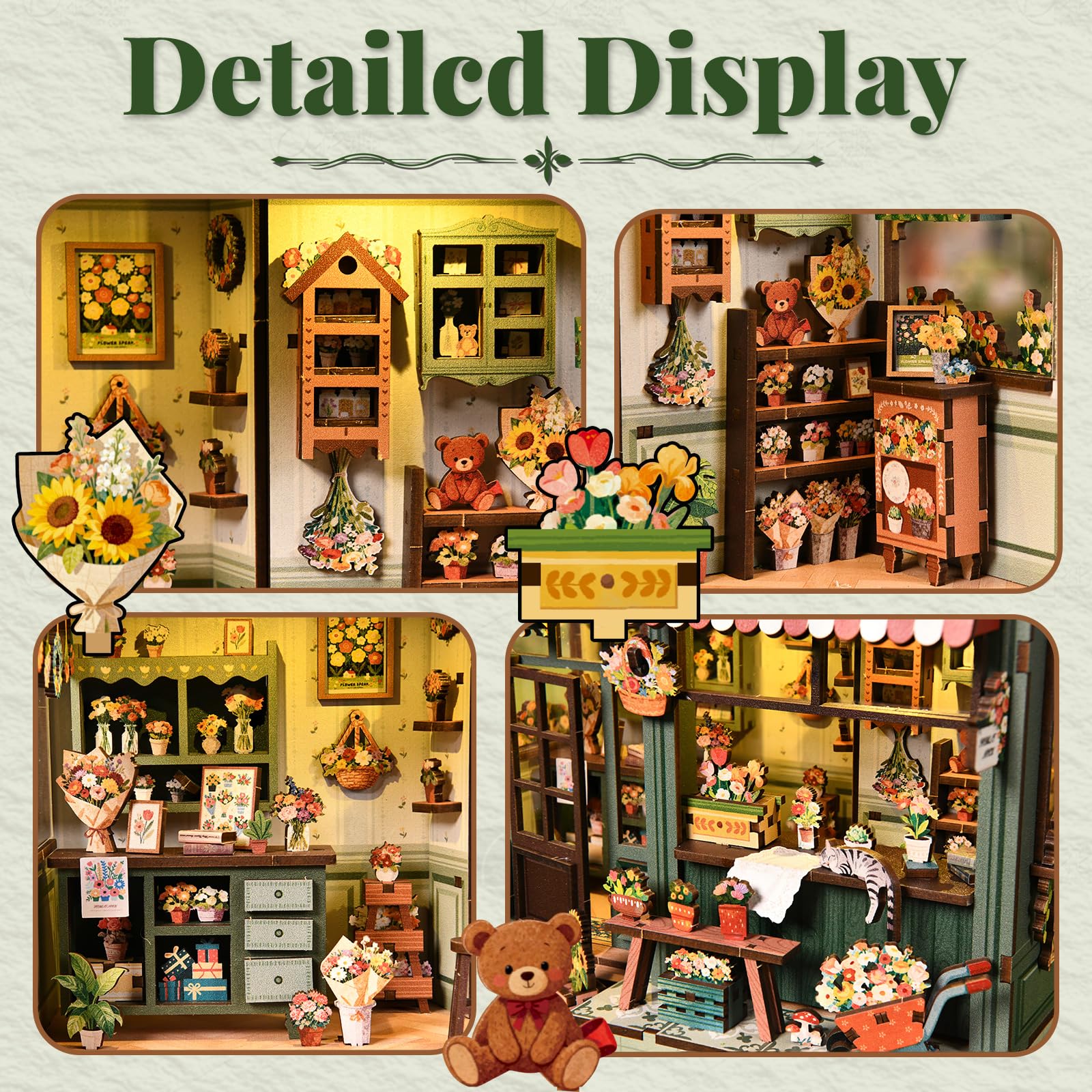 Kit fai da te in miniatura per adulti e ragazzi, decorazione per la casa con scena di negozi di fiori, mini decorazione per la casa, con interruttore touch, puzzle in legno 3D regalo per gli