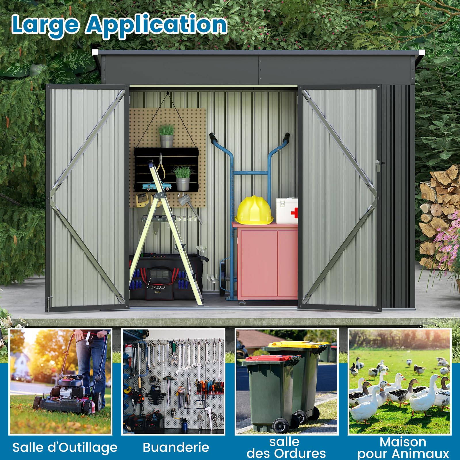 COSTWAY Abri de Jardin en Métal 2,6㎡, Cabane Jardin Exterieur en Acier Galvanisé 5,7 m³ avec Loquet, Porte avec serrure et clé, Toit en Pente, 4 Gants, 2 Trous d’Aérations, Abri Exterieur (Gris foncé)
